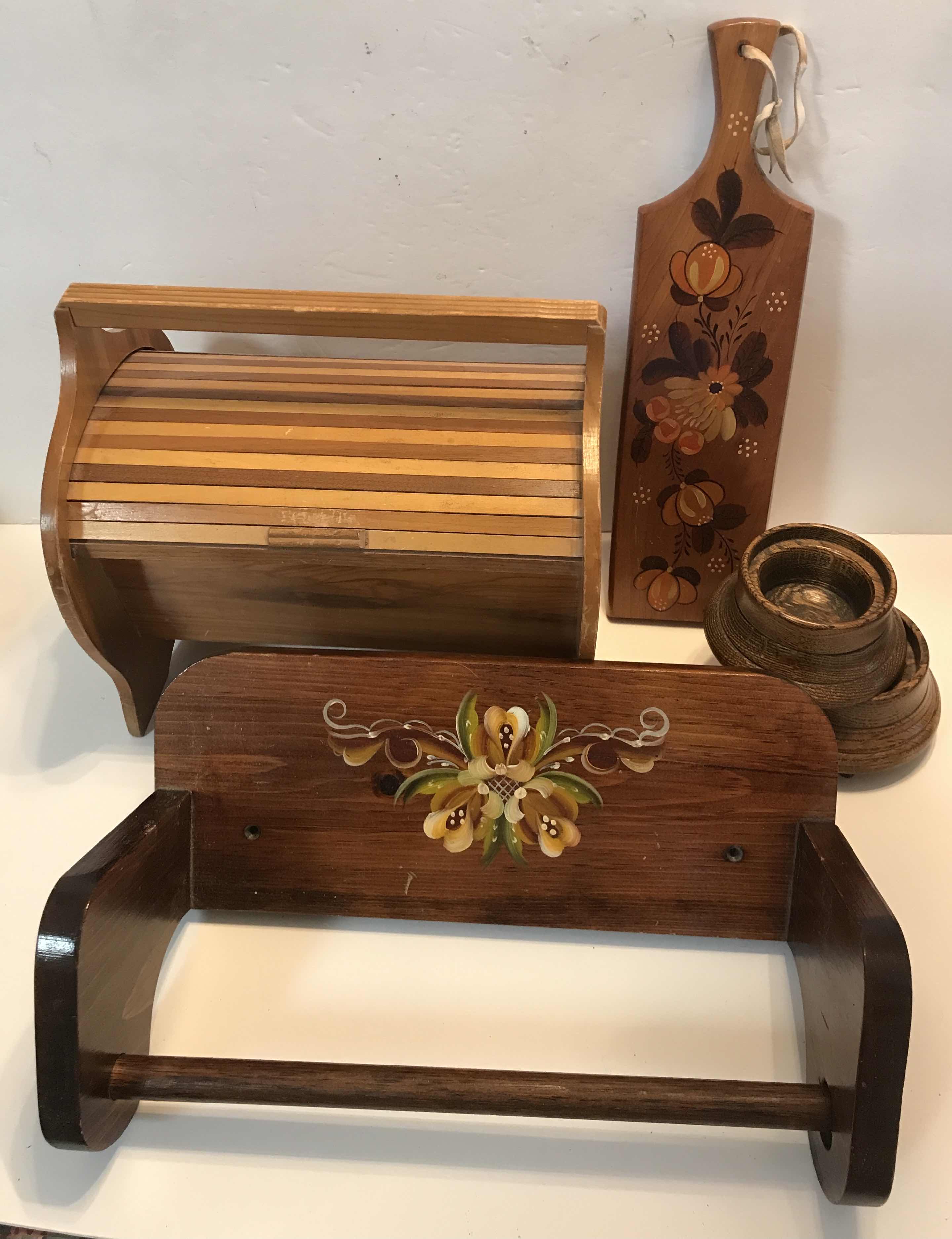 Photo 1 of VINTAGE WOODEN BREAD BOX , PAPER TOWEL RACK AND MORE