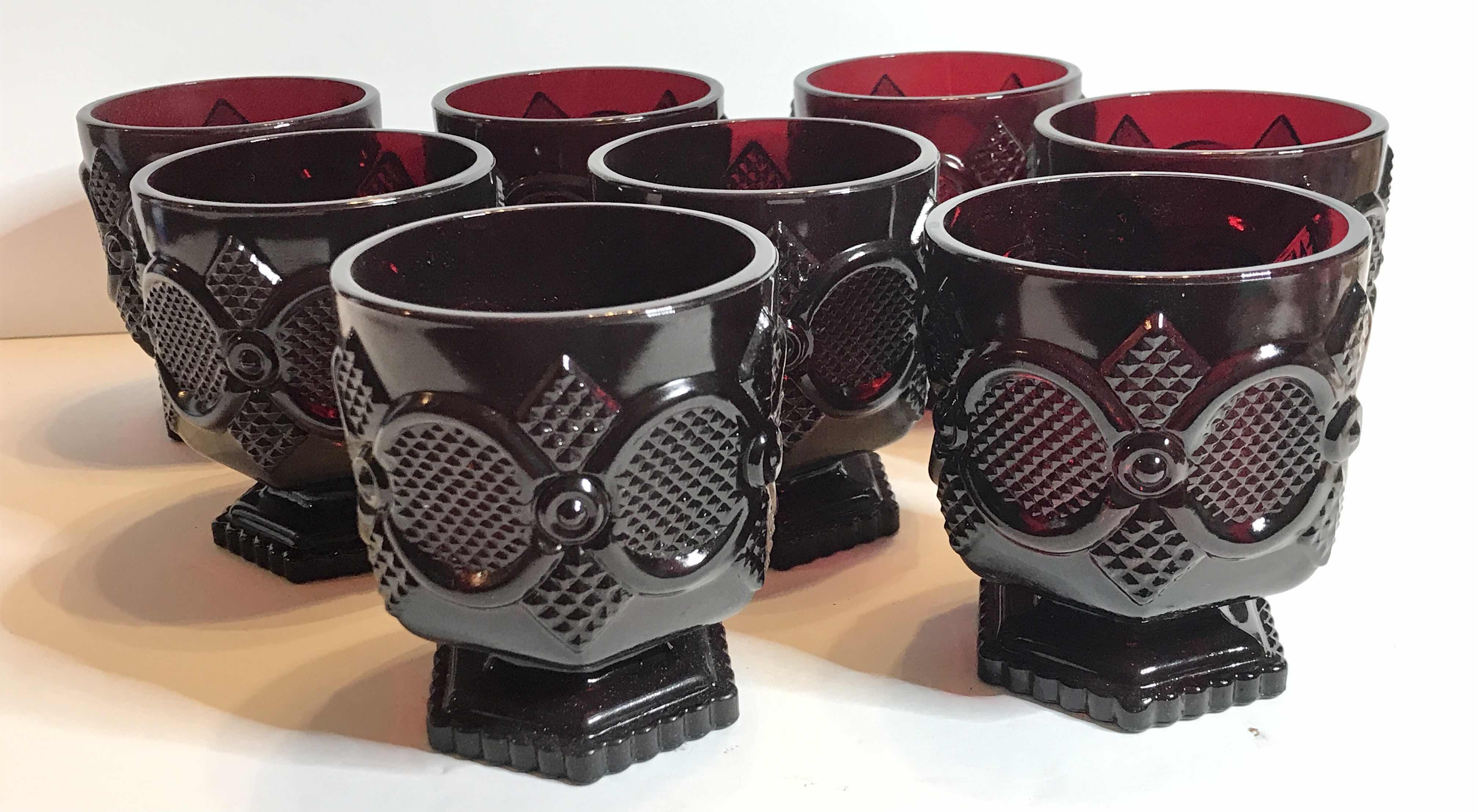 Photo 1 of VINTAGE CAPE COD ROYAL RUBY RED AVON GLASS PEDESTAL SHORT JUICE GLASSES SET OF 8 - MORE OF THIS COLLECTION IN AUCTION