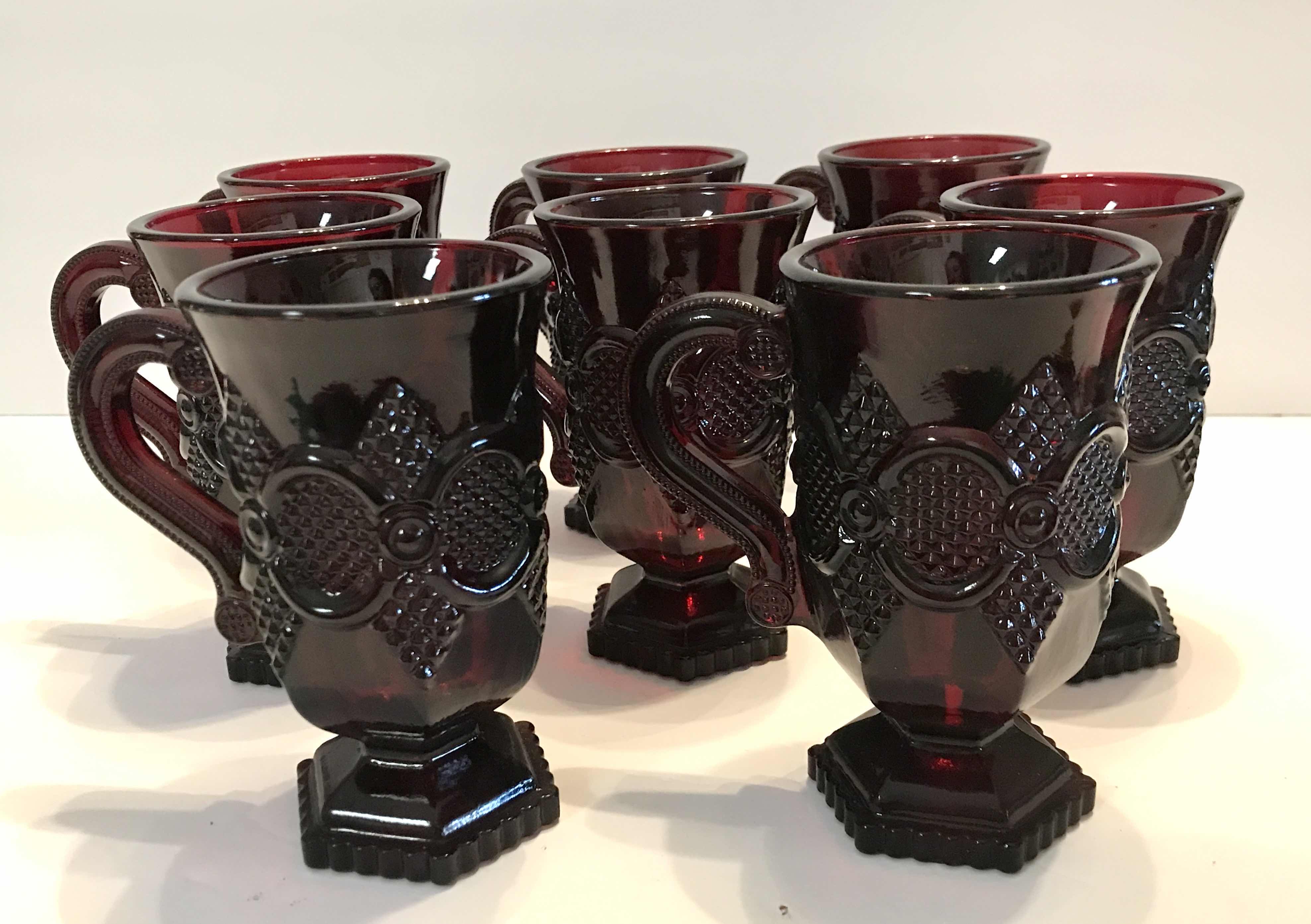 Photo 1 of VINTAGE CAPE COD ROYAL RUBY RED AVON GLASS HANDLE PEDESTAL MUGS SET OF 8 - MORE OF THIS COLLECTION IN AUCTION