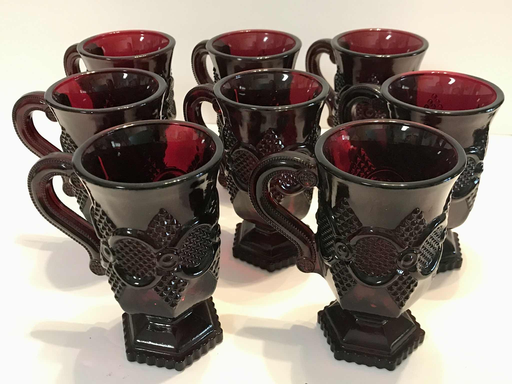 Photo 2 of VINTAGE CAPE COD ROYAL RUBY RED AVON GLASS HANDLE PEDESTAL MUGS SET OF 8 - MORE OF THIS COLLECTION IN AUCTION