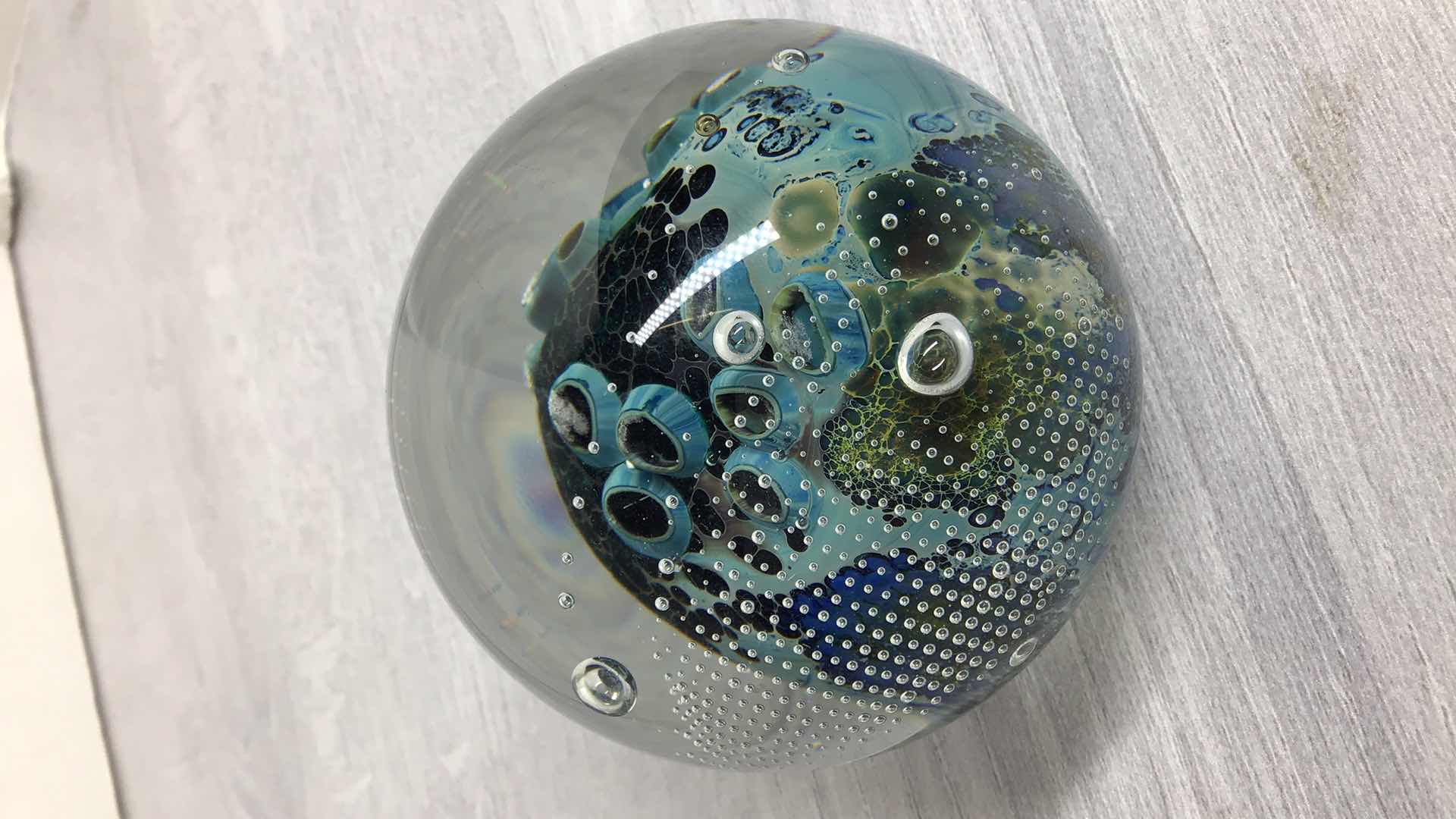 Photo 1 of OCEAN THEMED BUBBLED BLOWN GLASS SPHERE SIGNED BY JOSH SIMPSON 2.5” X 2.5”