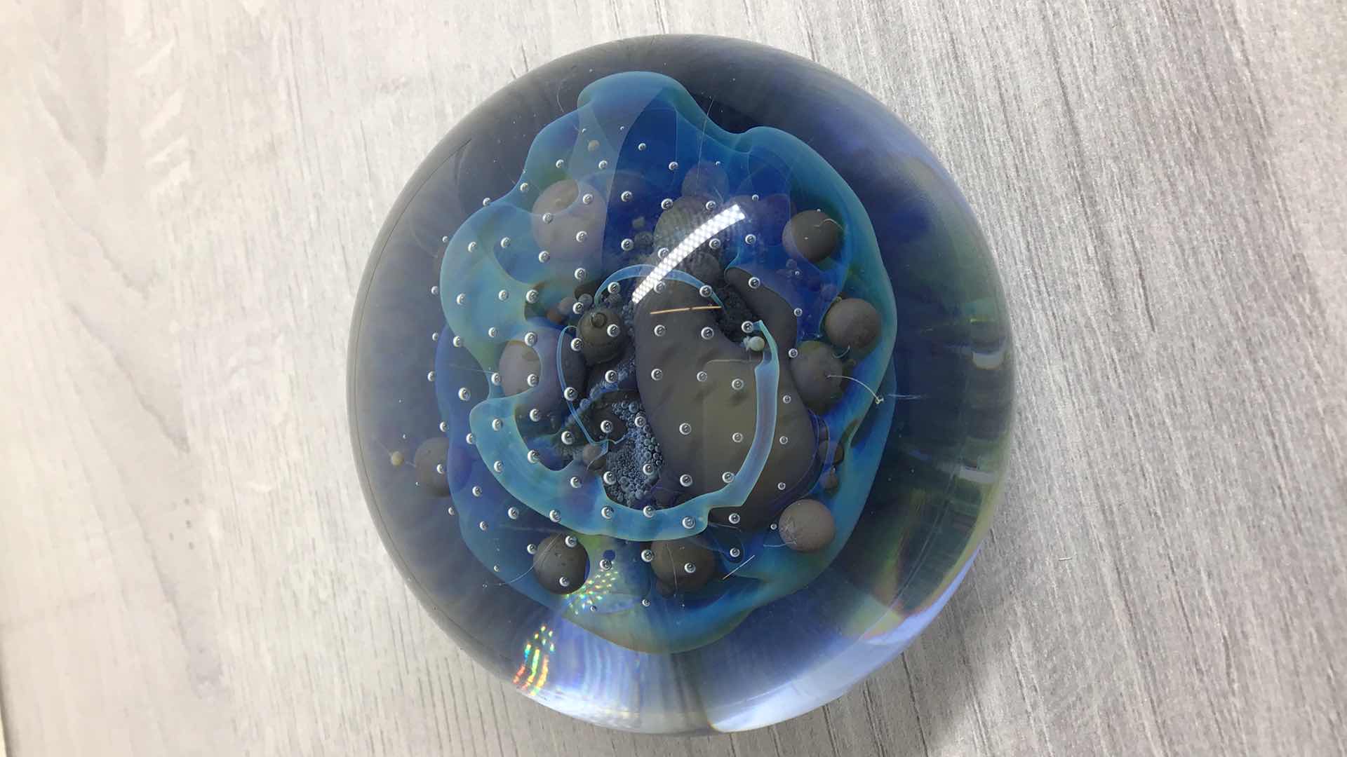 Photo 2 of UNIQUE BLOWN BUBBLED GLASS SPHERE SIGNED BY ARTIST 2.5” X 1.5”