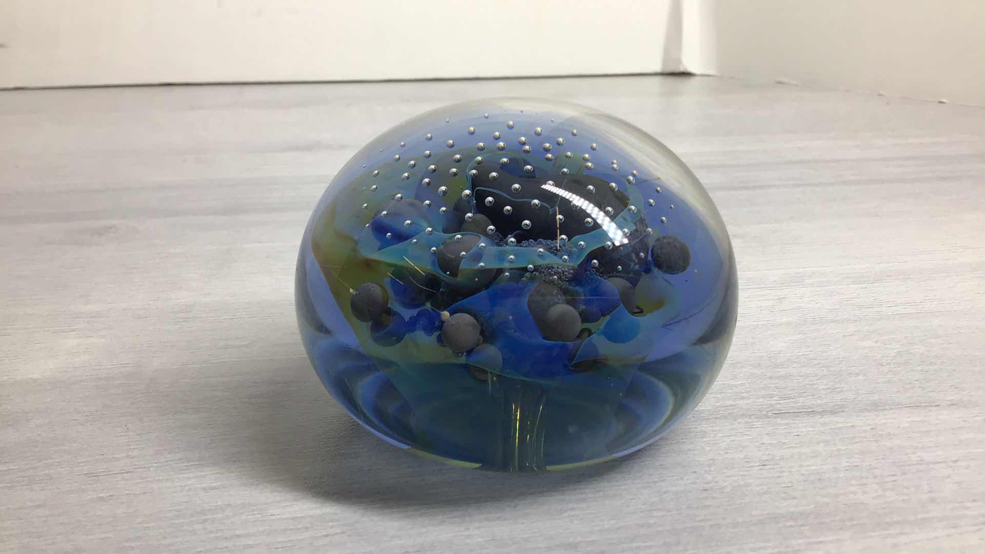 Photo 3 of UNIQUE BLOWN BUBBLED GLASS SPHERE SIGNED BY ARTIST 2.5” X 1.5”