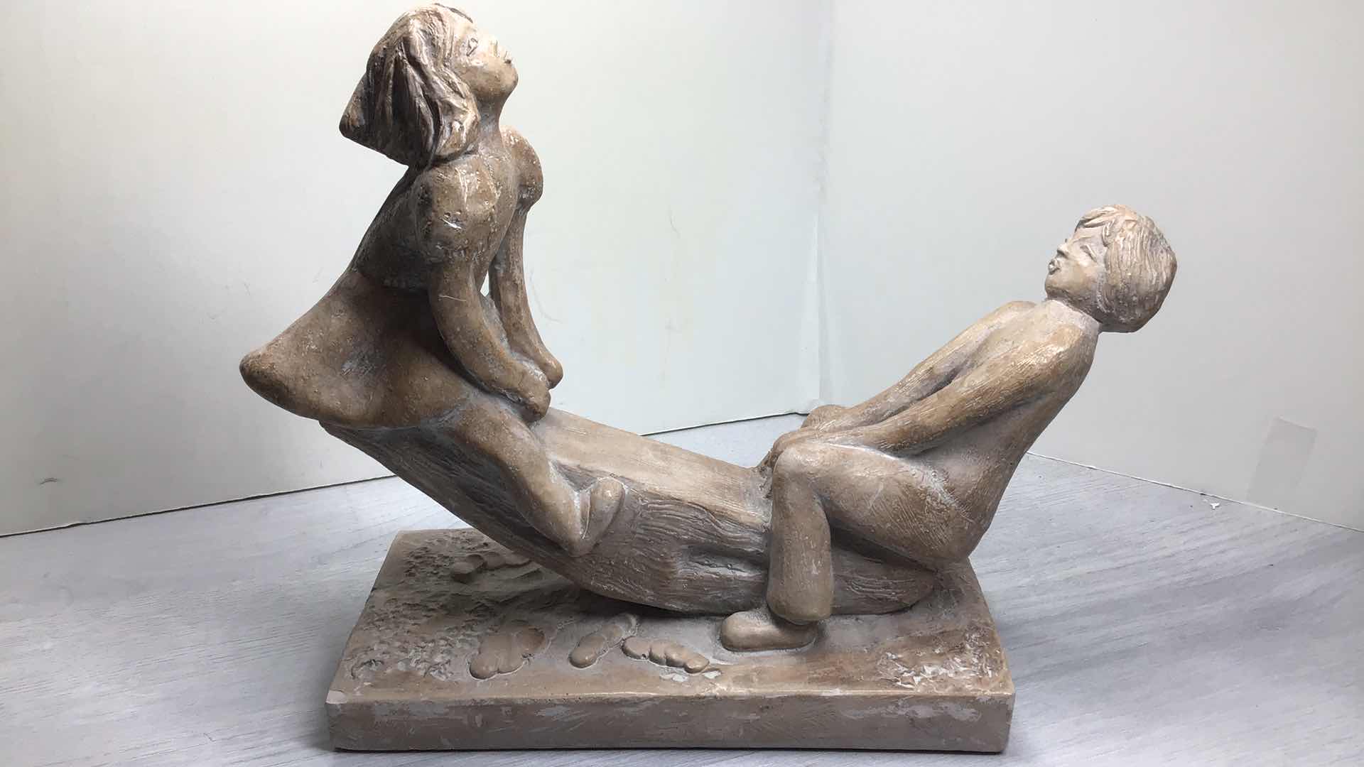 Photo 1 of AUSTIN PRODUCTIONS 1973 CLAY SCULPTURE BOY AND GIRL ON SEE-SAW 11” X 4” H10”