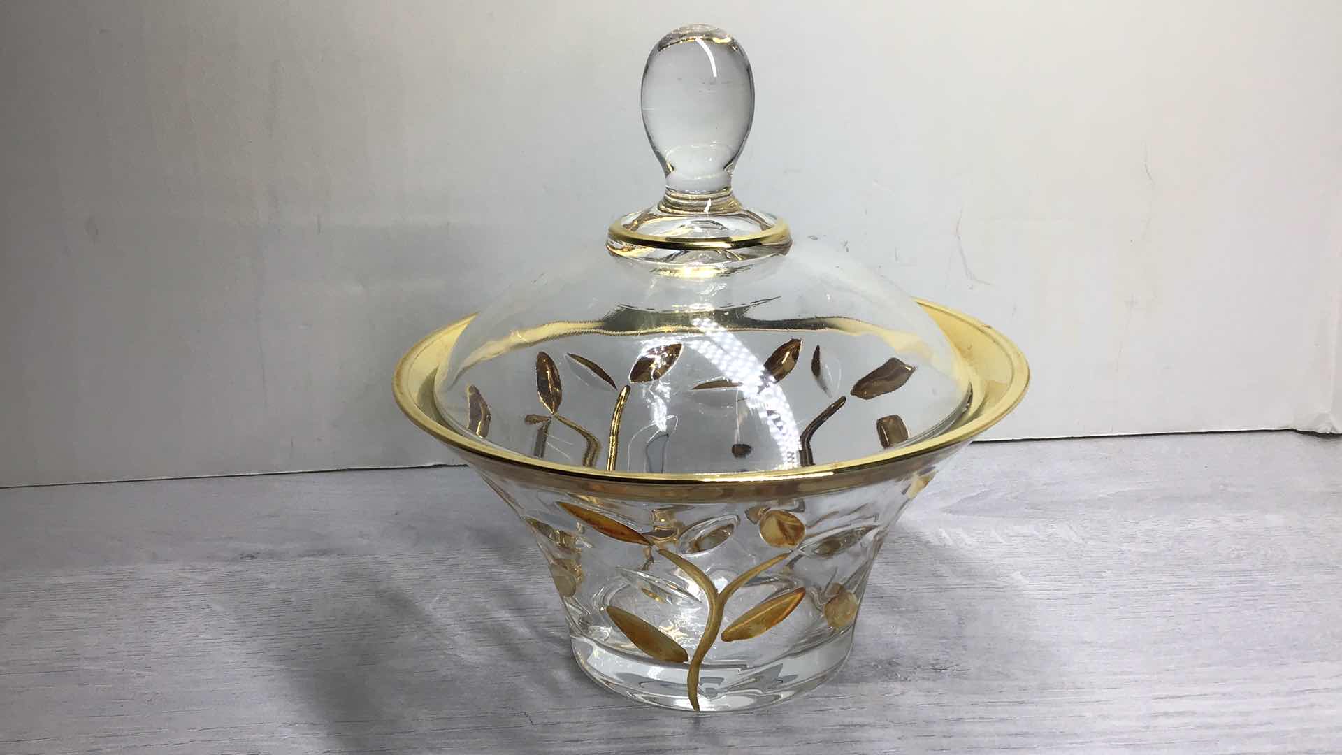 Photo 3 of GOLD BRANCH CLEAR GLASS CANDY DISH/SUGAR BOWL 7.5” X H7.5”