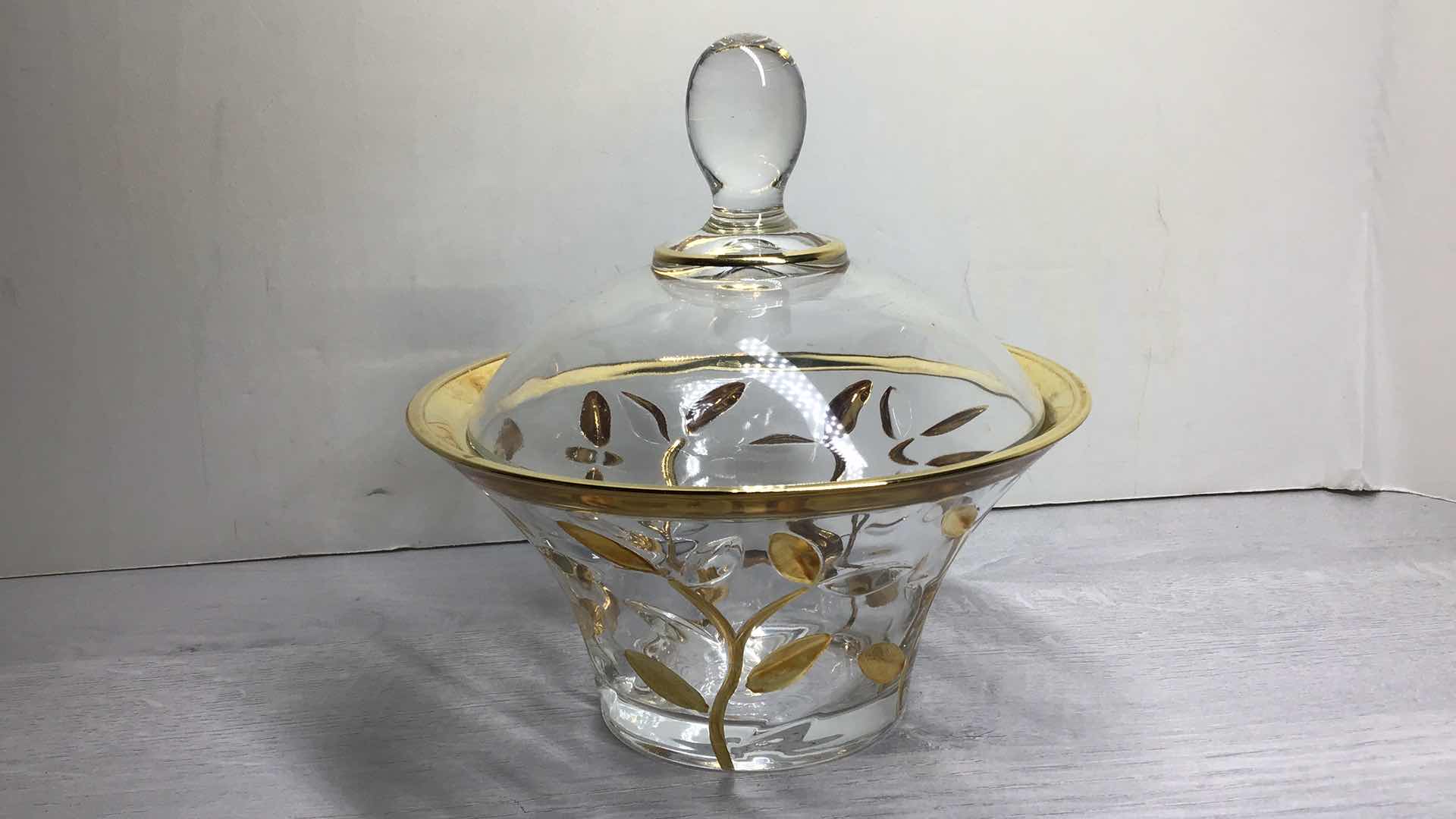 Photo 2 of GOLD BRANCH CLEAR GLASS CANDY DISH/SUGAR BOWL 7.5” X H7.5”