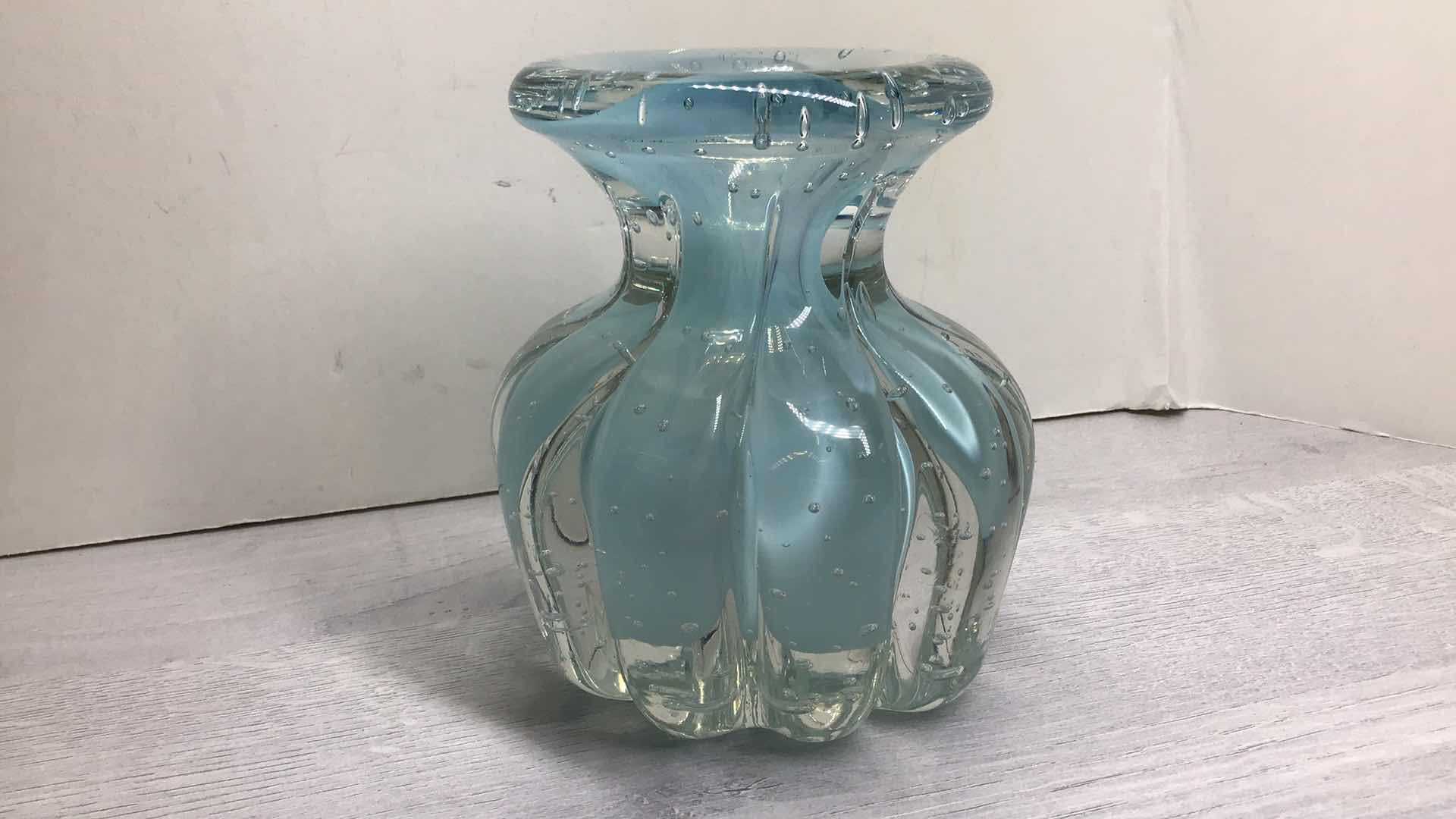 Photo 2 of CUSTOM MADE TEAL BUBBLE GLASS VASE 4.5” X H5.5”