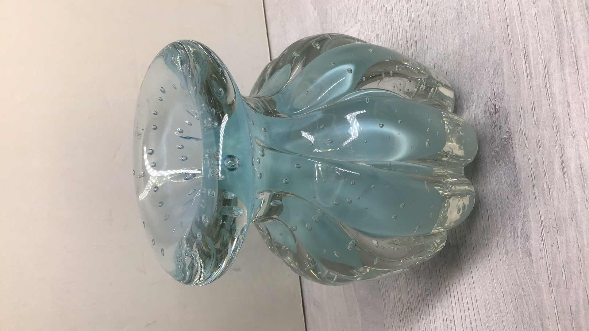 Photo 1 of CUSTOM MADE TEAL BUBBLE GLASS VASE 4.5” X H5.5”