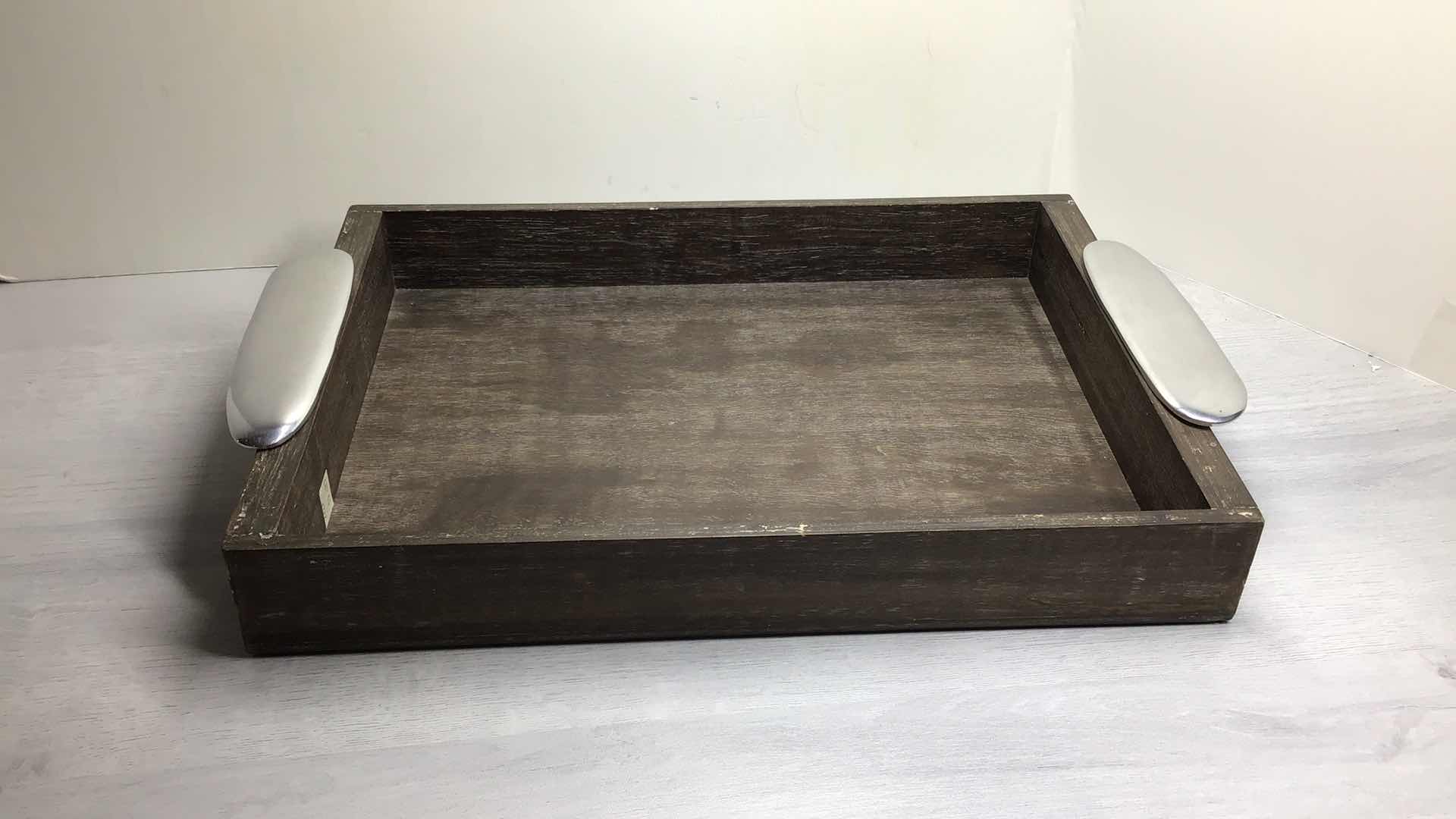 Photo 1 of MICHAEL ARAM RIPPLE EFFECT WOOD AND POLISHED ALUMINUM SERVING TRAY 17.5” X 11” H2.5”