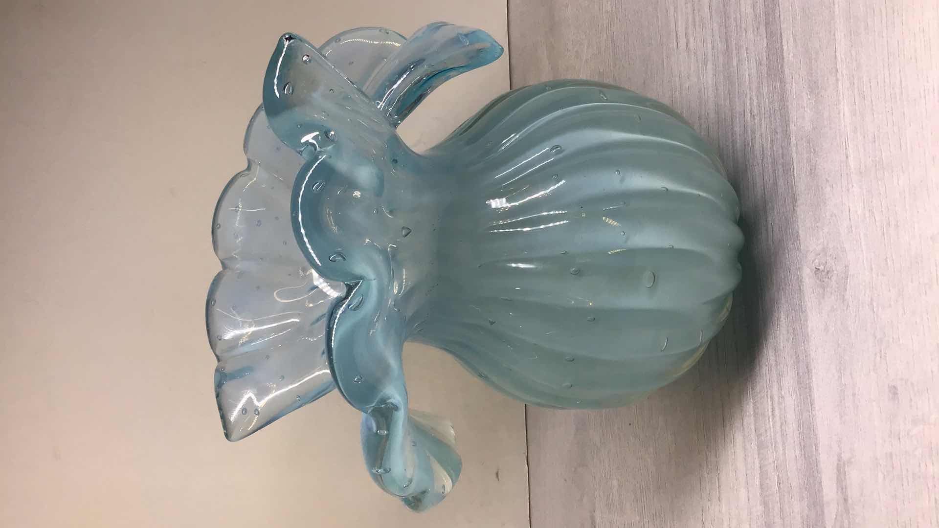 Photo 3 of MELTED RUFFLED TOP BLUE BLOWN GLASS VASE 7” X H8”