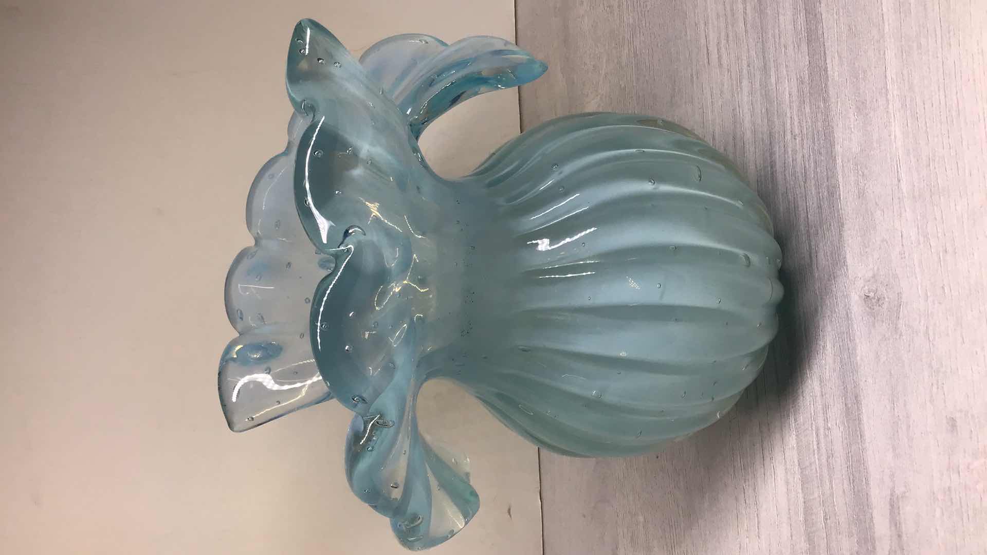 Photo 1 of MELTED RUFFLED TOP BLUE BLOWN GLASS VASE 7” X H8”