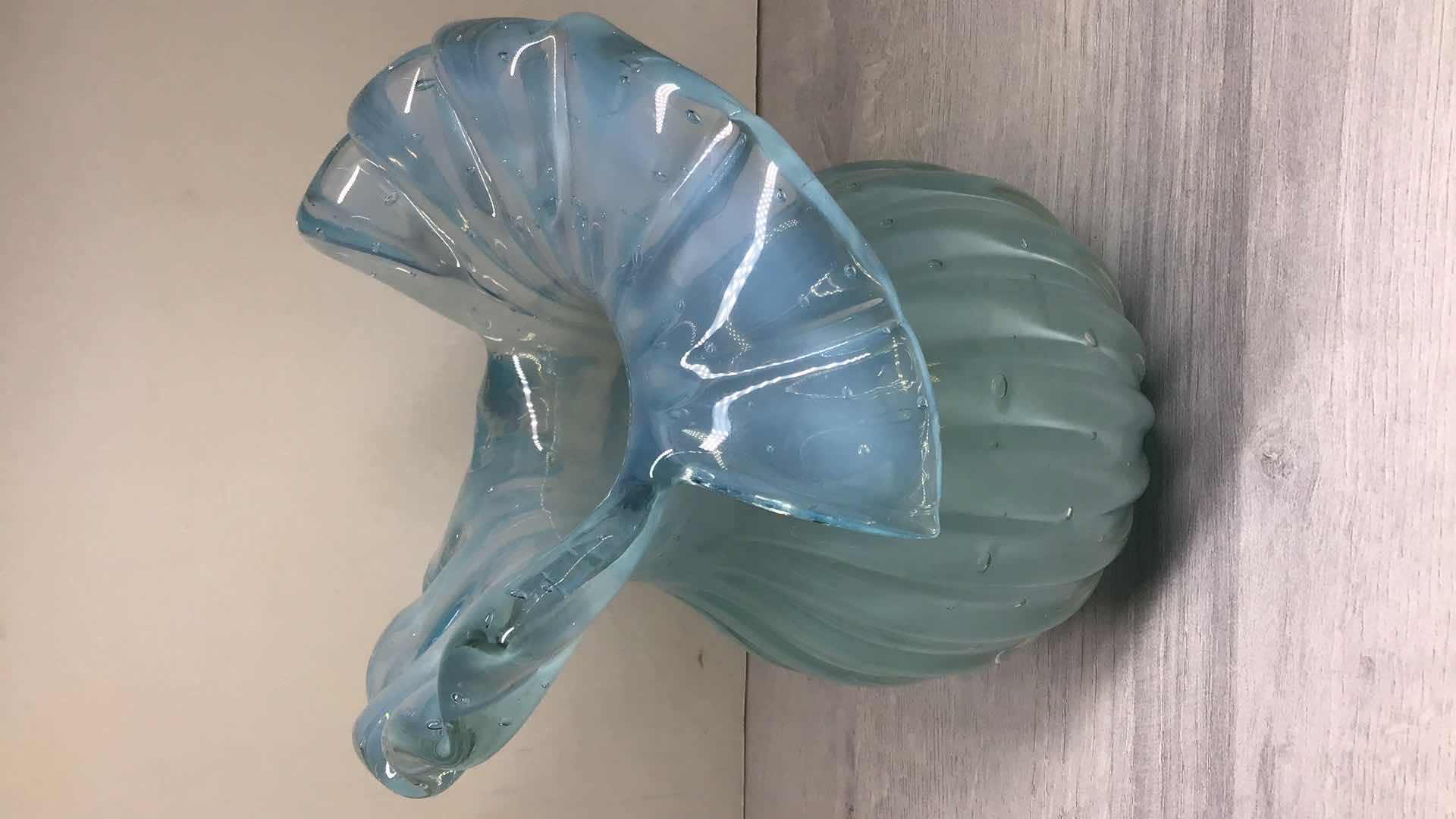 Photo 2 of MELTED RUFFLED TOP BLUE BLOWN GLASS VASE 7” X H8”