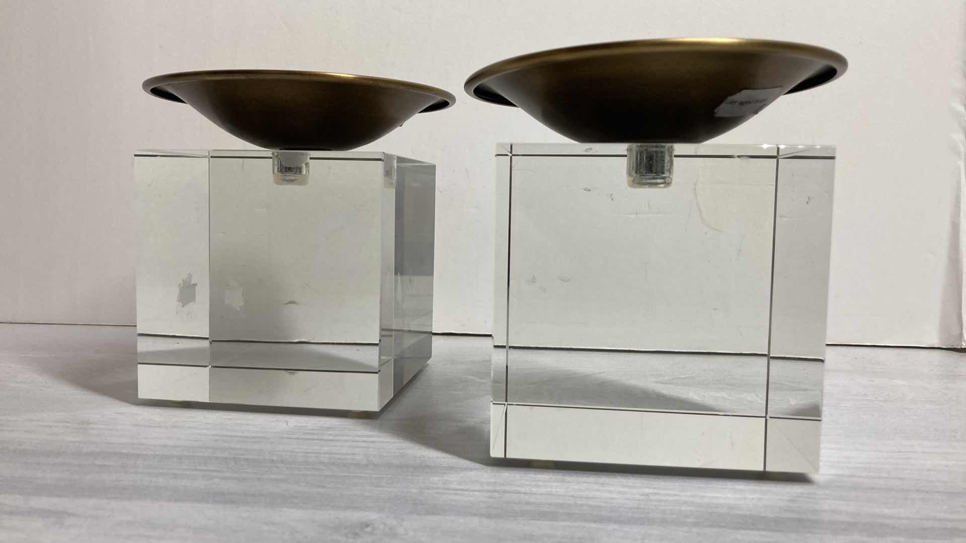 Photo 2 of EMERSON SOLID CRYSTAL CUBE & AGED BRASS CANDLE HOLDERS (2)