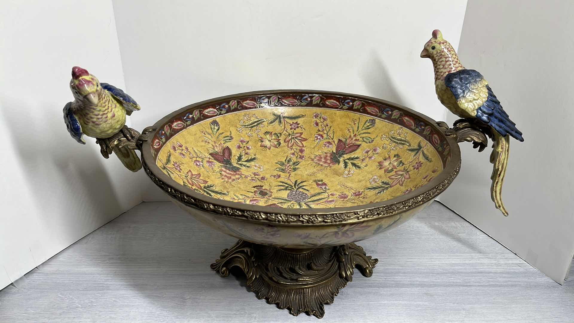 Photo 1 of BRONZE & PORCELAIN PERCHED PARROTS FLORAL BOWL 17.5” X 24” H15”