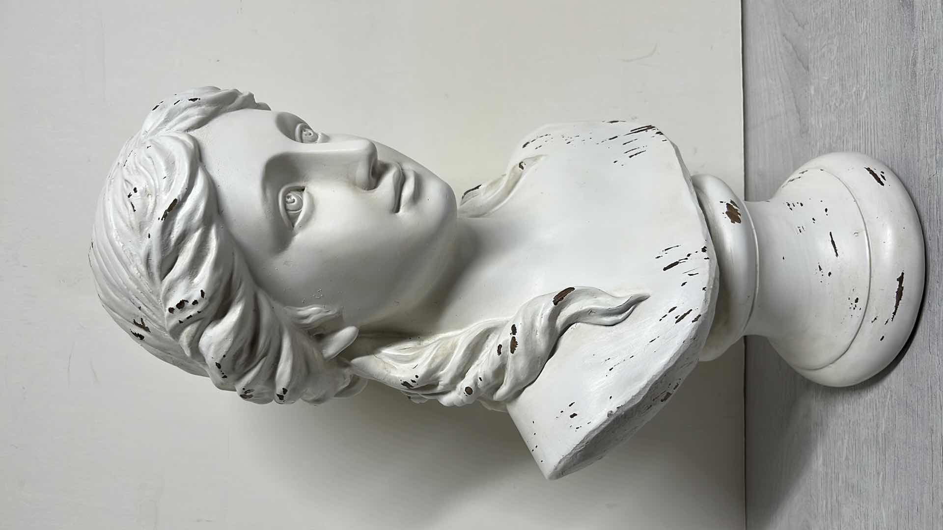 Photo 1 of CLASSIC GREEK WOOD WHITE BUST SCULPTURE 9.5” X 8.5” H17.5”