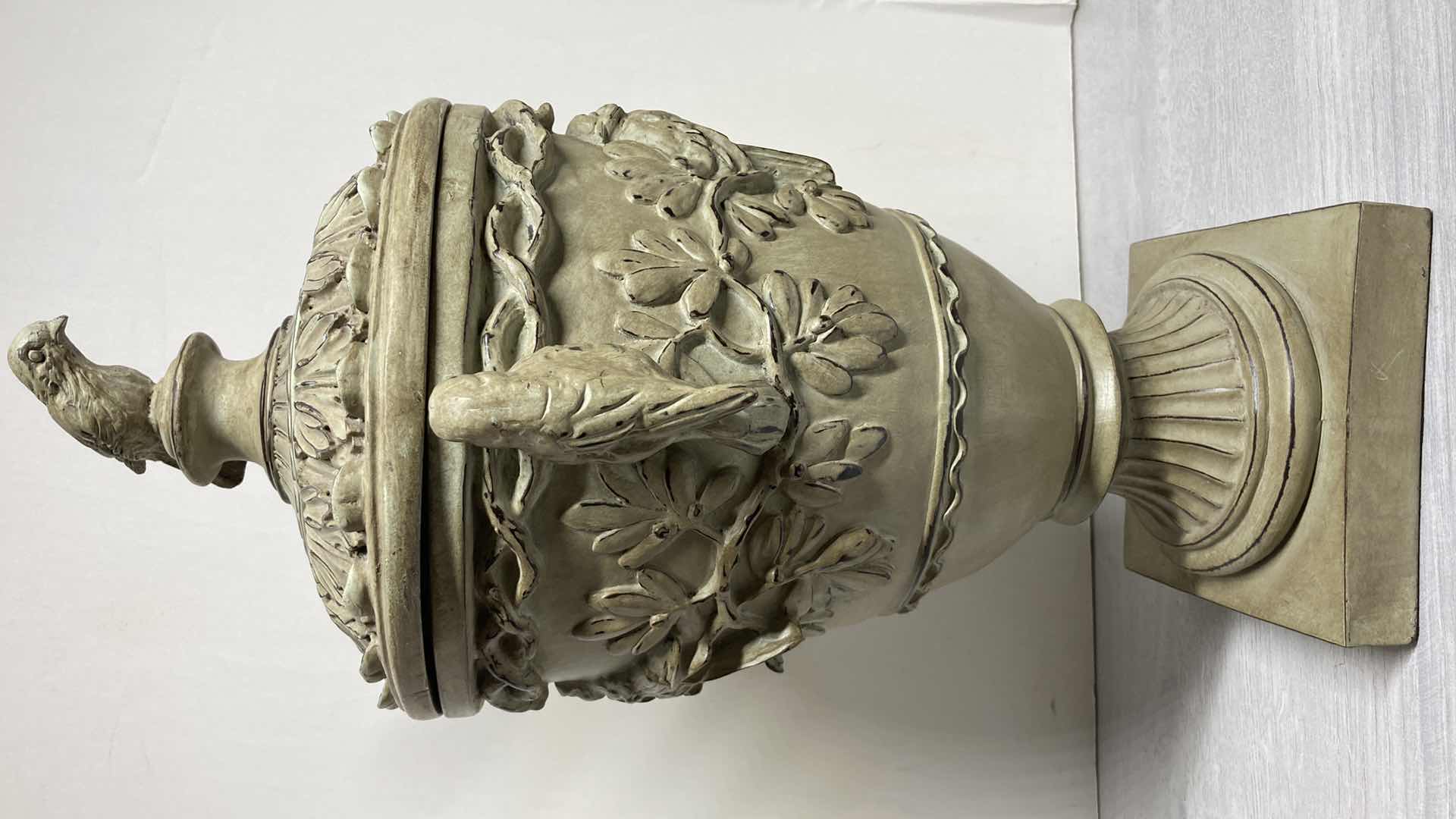 Photo 3 of ANCIENT ERA STYLE BIRD THEMED RESIN URN W LID 10.5” X 8.5” H18.5”