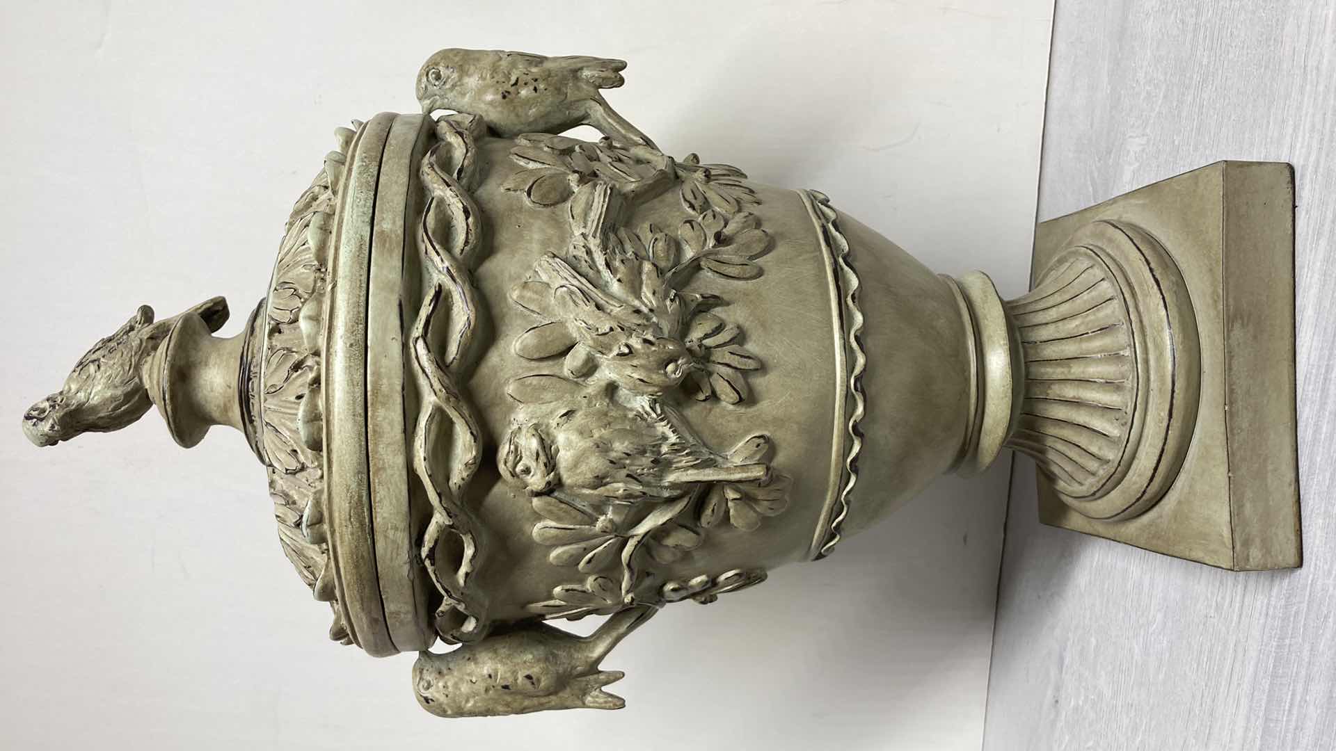 Photo 1 of ANCIENT ERA STYLE BIRD THEMED RESIN URN W LID 10.5” X 8.5” H18.5”