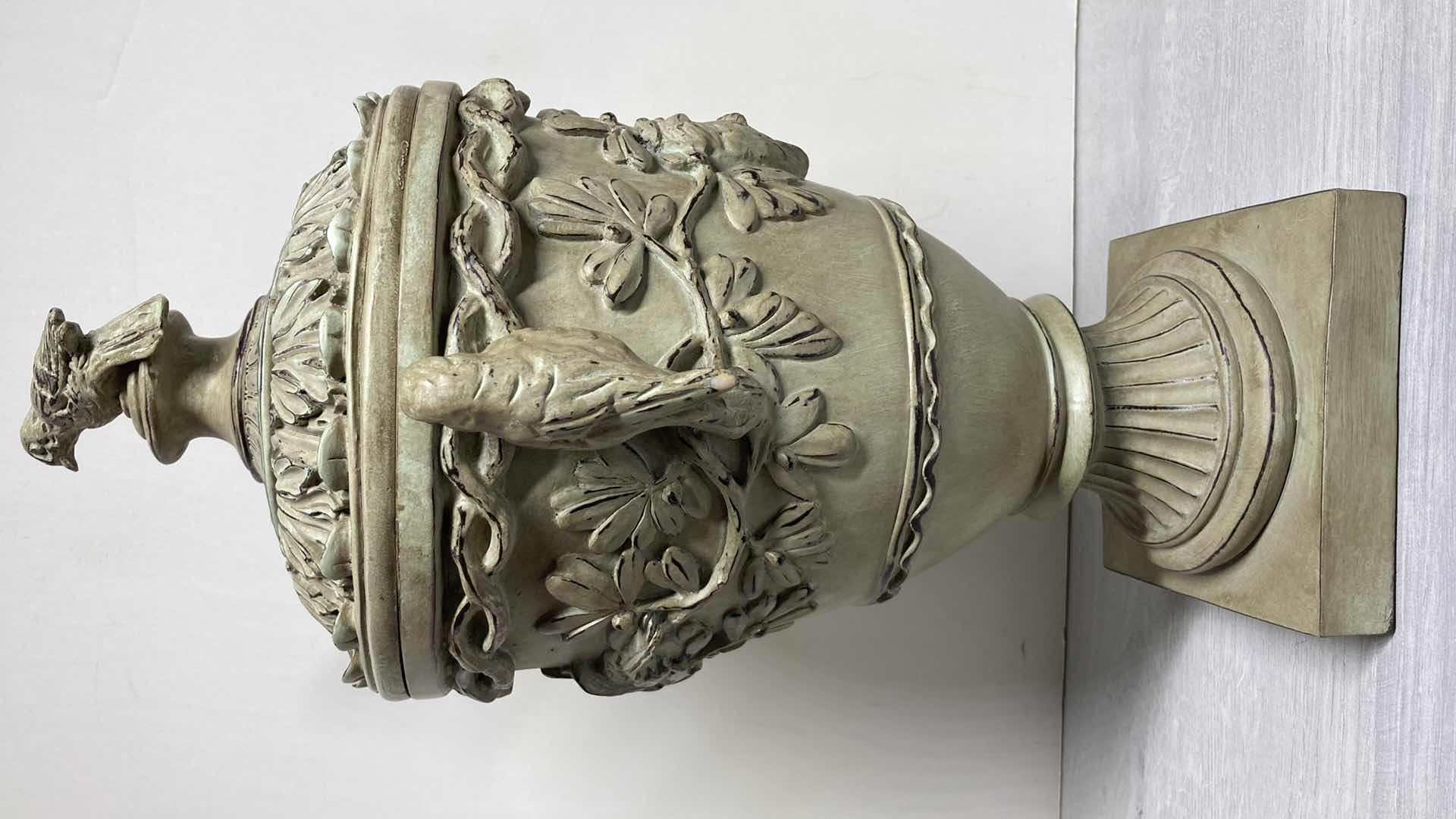 Photo 5 of ANCIENT ERA STYLE BIRD THEMED RESIN URN W LID 10.5” X 8.5” H18.5”