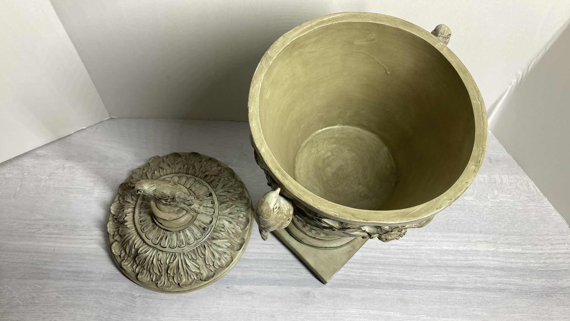 Photo 6 of ANCIENT ERA STYLE BIRD THEMED RESIN URN W LID 10.5” X 8.5” H18.5”