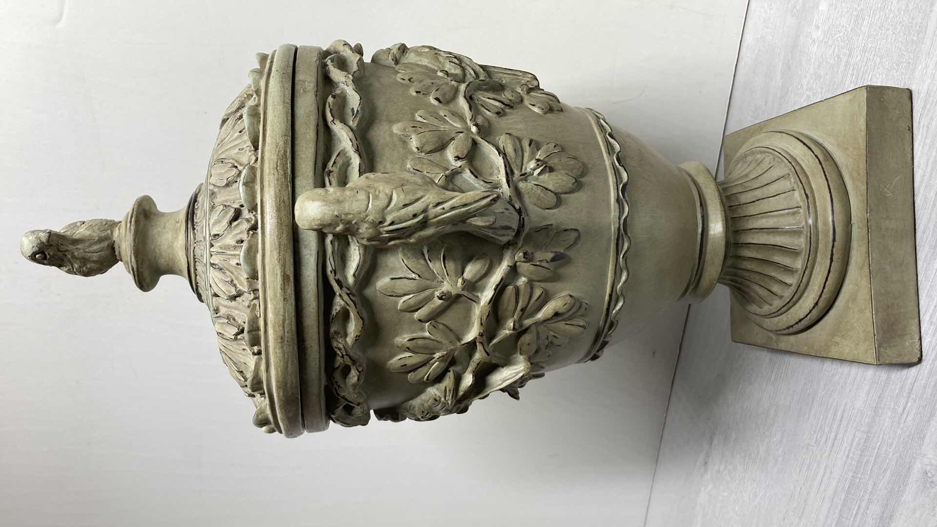 Photo 3 of ANCIENT ERA STYLE BIRD THEMED RESIN URN W LID 10.5” X 8.5” H18.5”