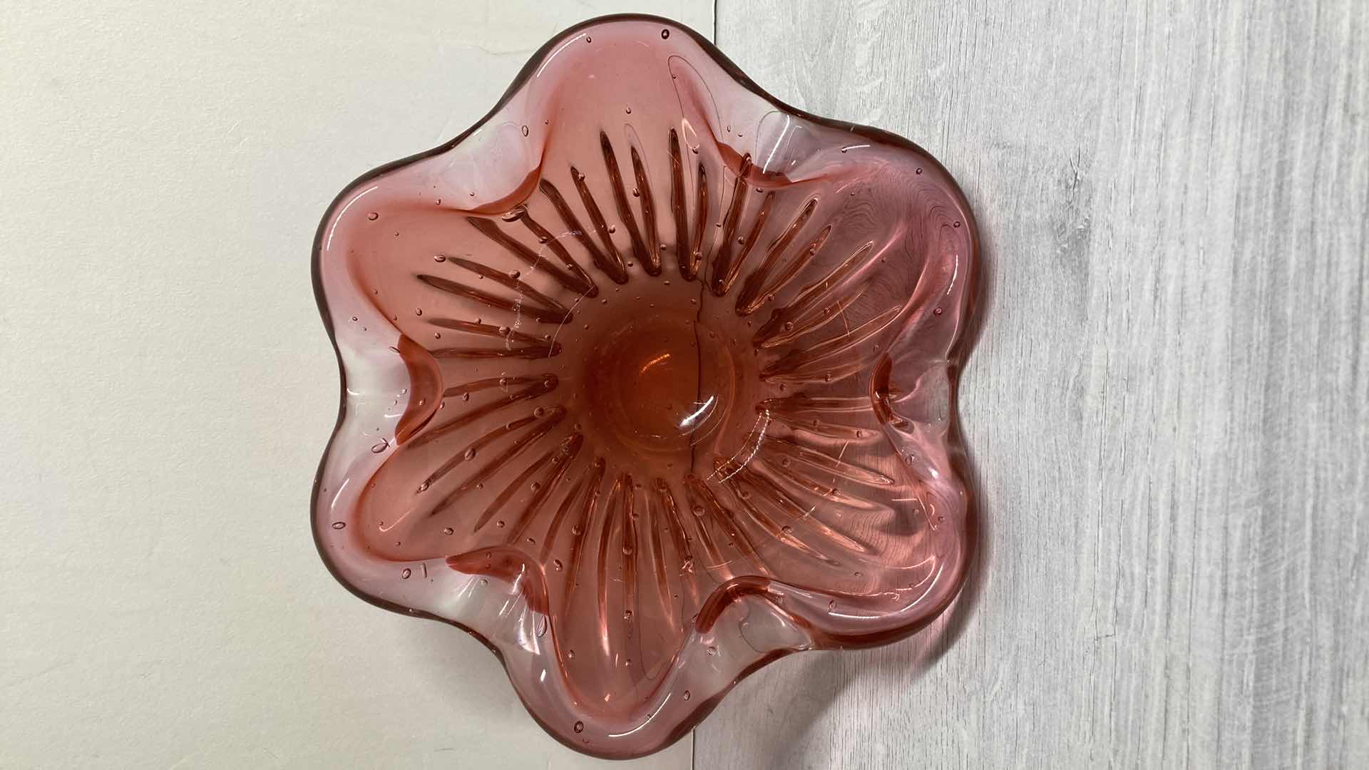 Photo 3 of PINK BLOWN GLASS FLOWER BOWL 8.5” X 4.25”