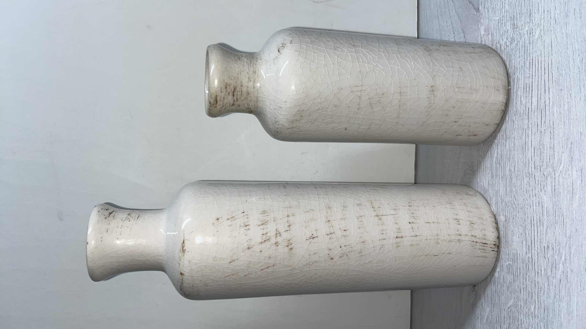 Photo 1 of SULLIVANS CERAMIC BOTTLE VASES W OFF-WHITE CRACKLE FINISH 10” & 7.5”