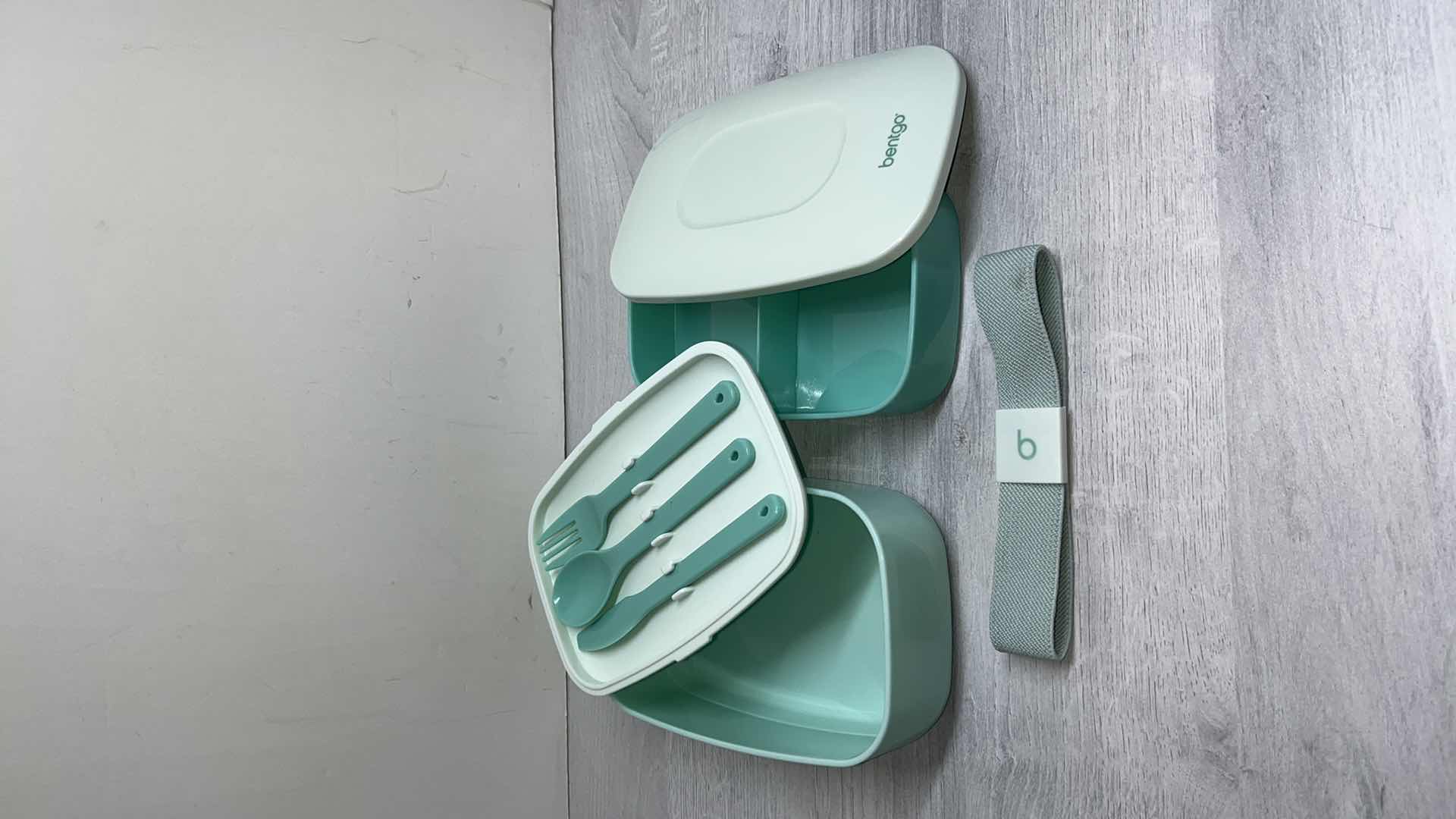 Photo 3 of BENTGO CLASSIC COASTAL AQUA ALL-IN-ONE LUNCH/BENTO BOX W 2 STACKABLE CONTAINERS, UTENSIL SET & NYLON SEALING STRAP