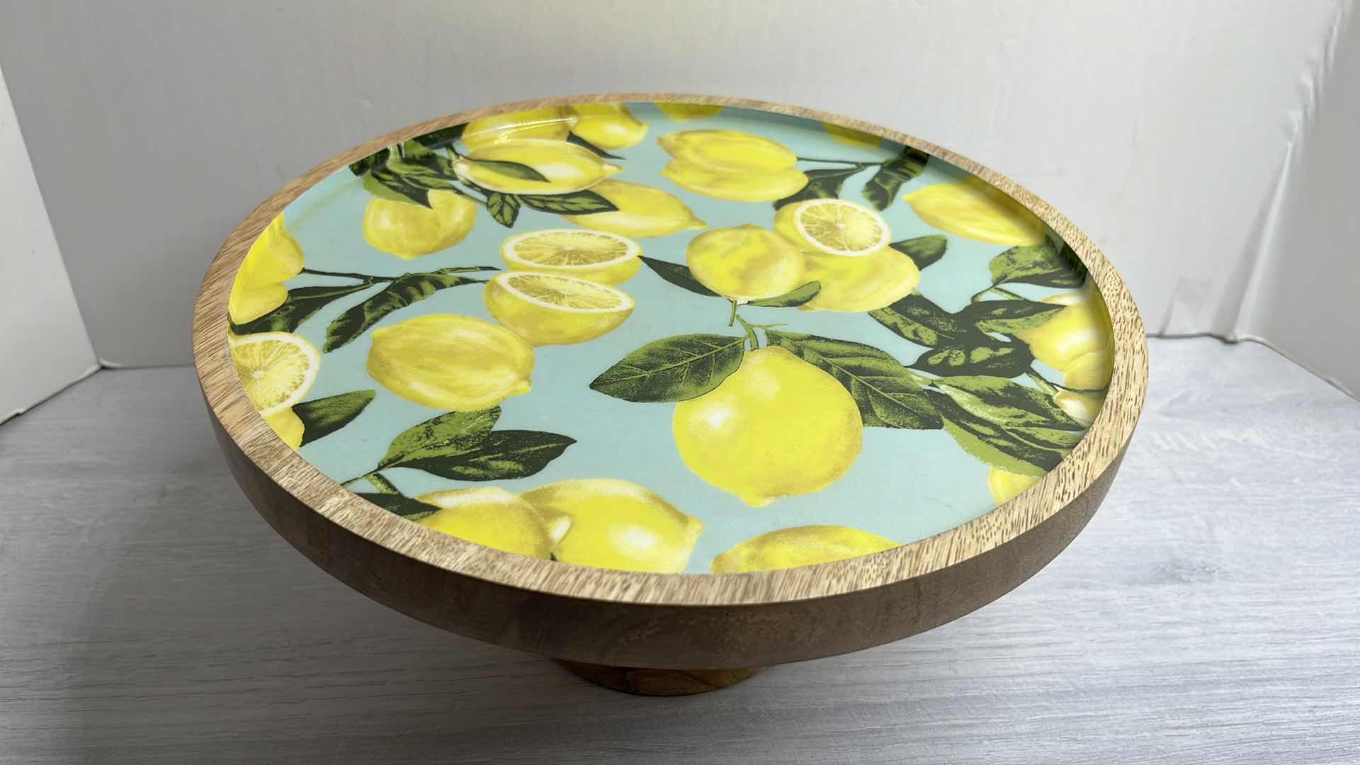 Photo 2 of MANGO WOOD PEDESTAL SERVING PLATE W LEMONS  11.75” X 6”