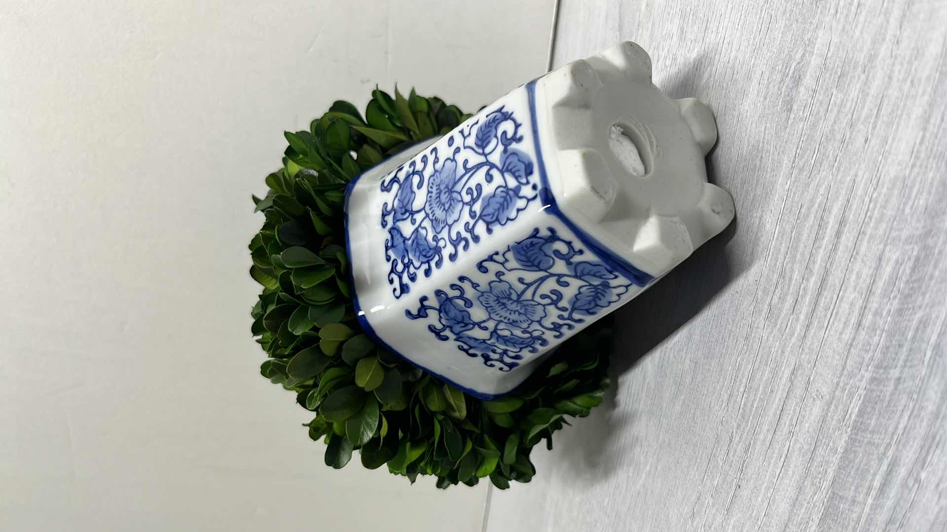 Photo 3 of NATURALLY PRESERVED BOXWOOD BALL TOPIARY IN FLORAL BLUE/WHITE CERAMIC POT 7.5”
