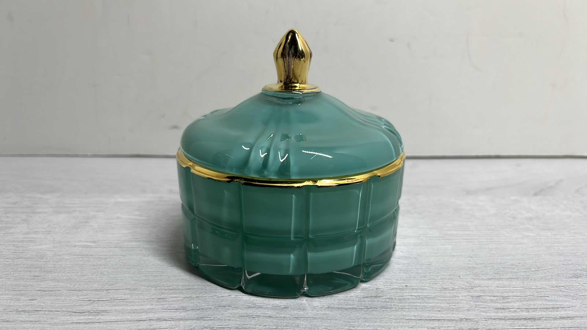 Photo 1 of TURQUOISE APOTHECARY JAR W GOLD RIMMED LID 4” X 4” H4”