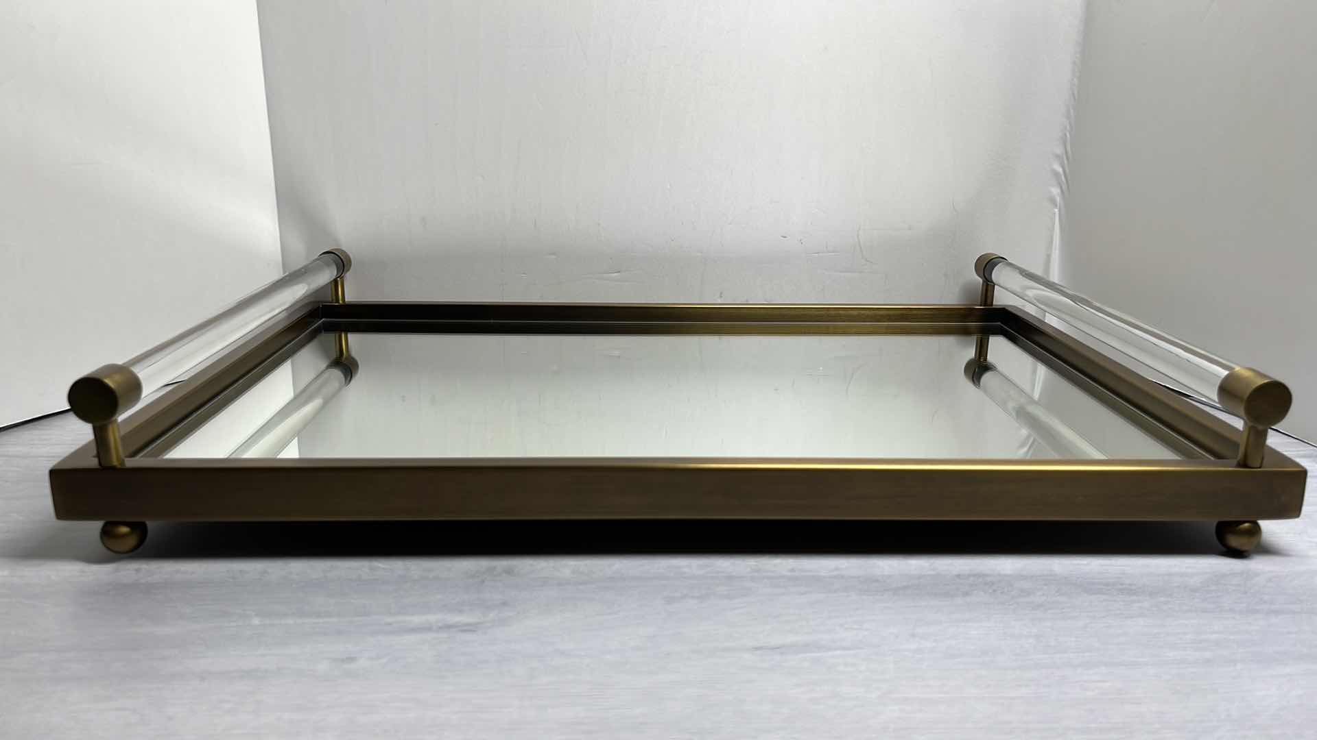 Photo 1 of PORT 68 MODERNE BRASS MIRRORED DECORATIVE TRAY W SOLID CRYSTAL HANDLES 14” X 22” H3.25”