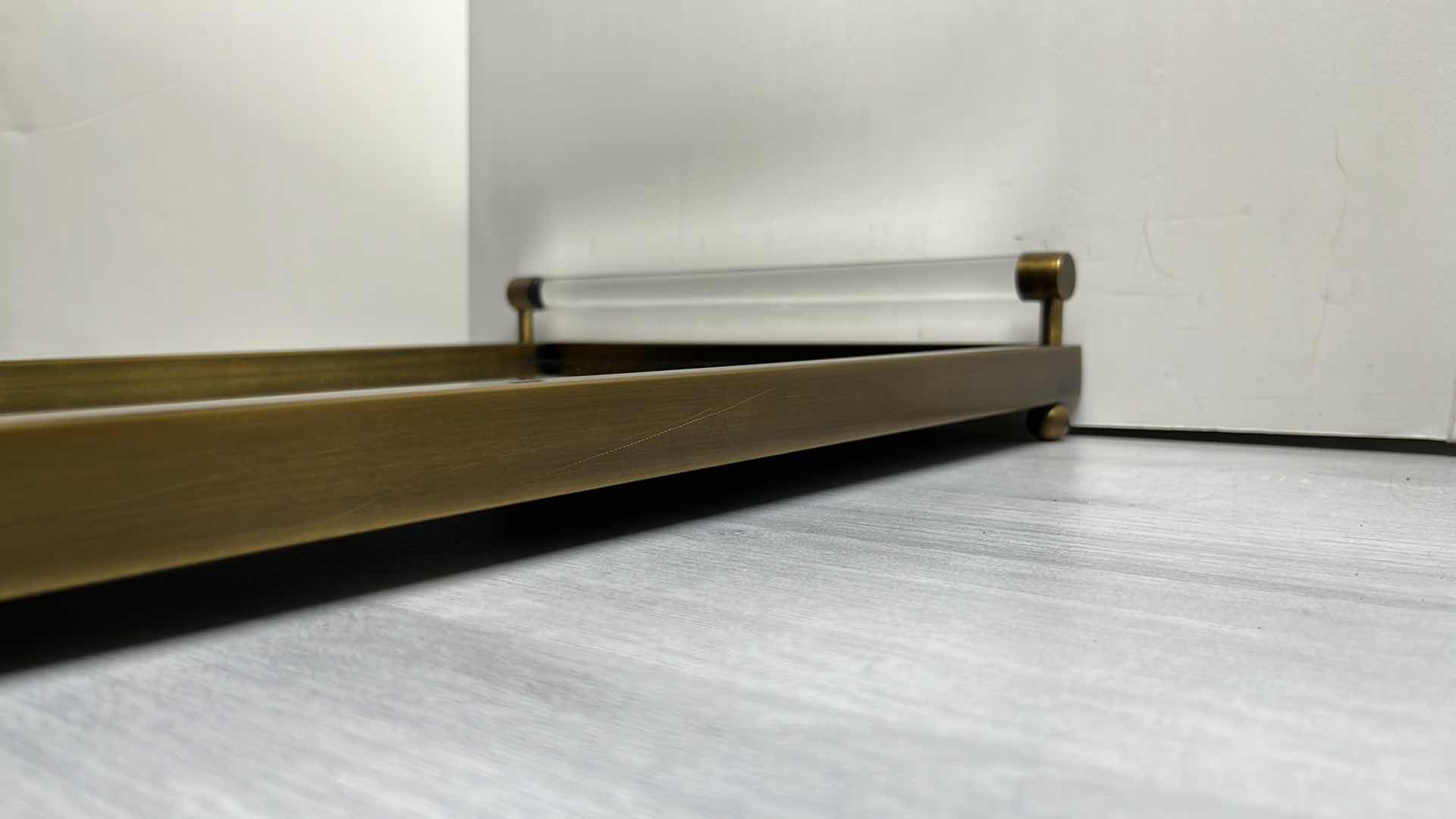 Photo 2 of PORT 68 MODERNE BRASS MIRRORED DECORATIVE TRAY W SOLID CRYSTAL HANDLES 14” X 22” H3.25”