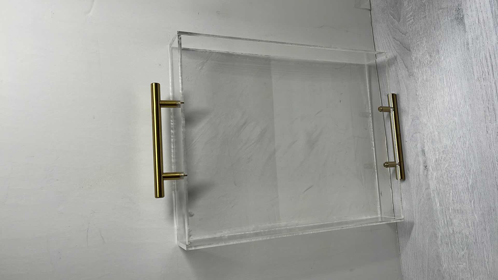 Photo 2 of ACRYLIC TRAY W GOLD FINISH HANDLES 11” X 14” H2”