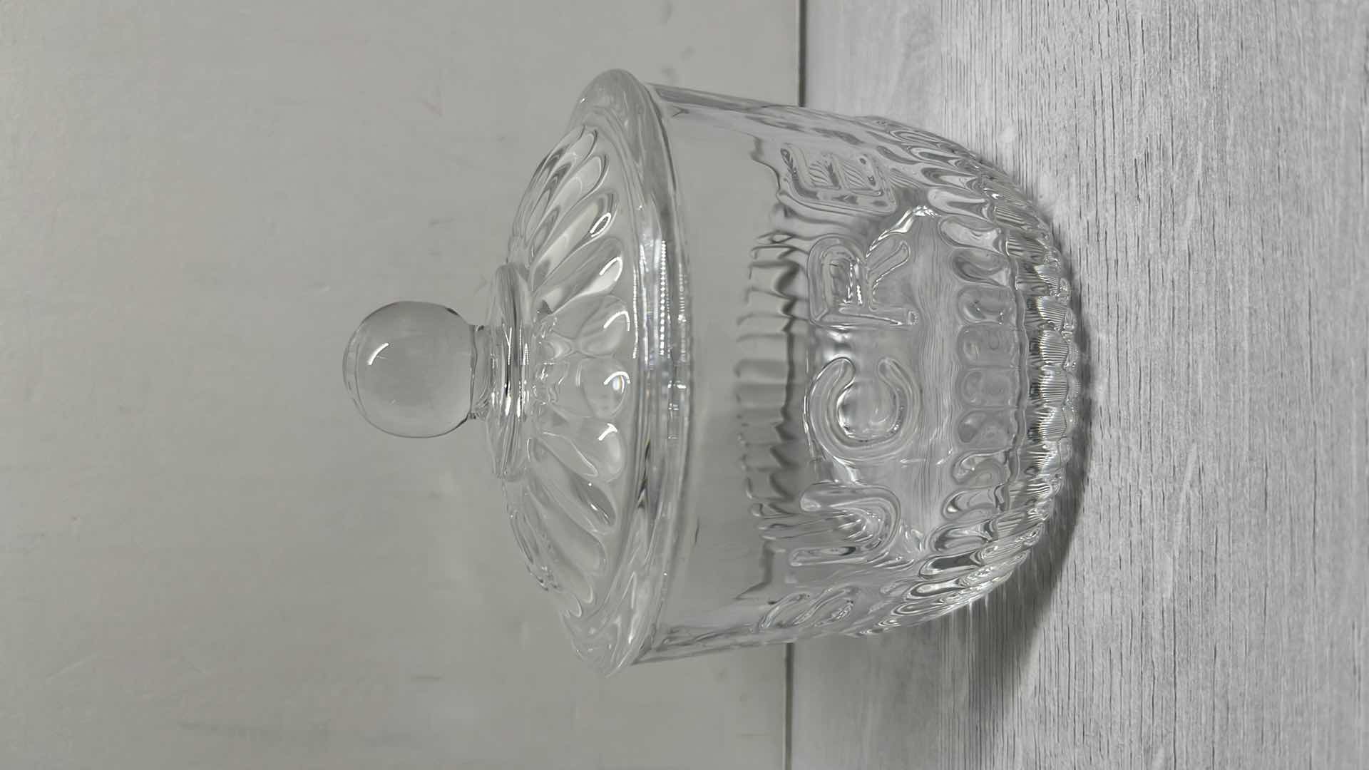 Photo 2 of FRENCH INSPIRED RIBBED GLASS SUGAR JAR “SUCRE” 4.25” X 4.25” H4.75”