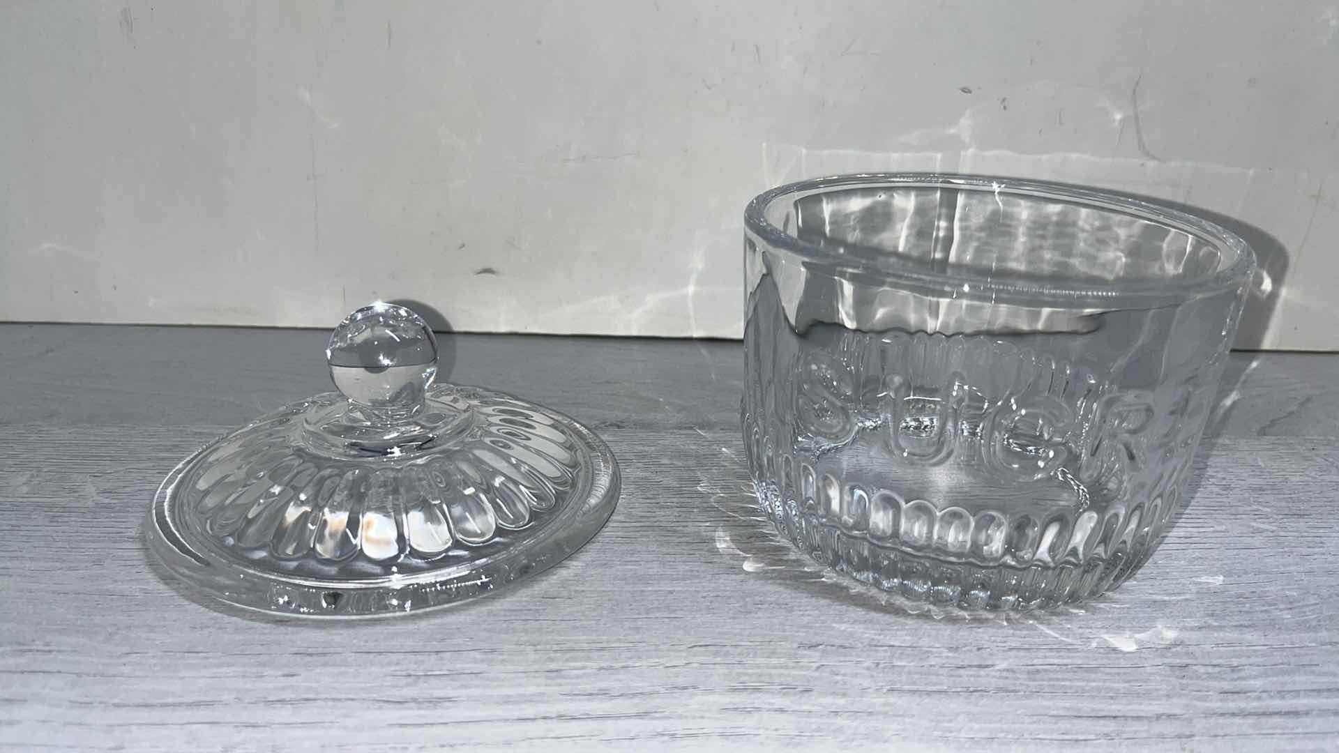 Photo 4 of FRENCH INSPIRED RIBBED GLASS SUGAR JAR “SUCRE” 4.25” X 4.25” H4.75”