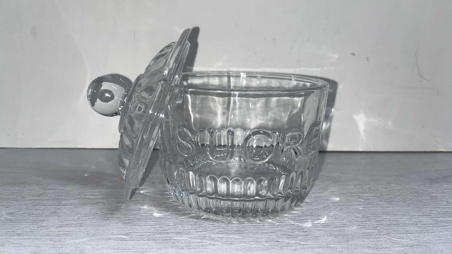 Photo 3 of FRENCH INSPIRED RIBBED GLASS SUGAR JAR “SUCRE” 4.25” X 4.25” H4.75”