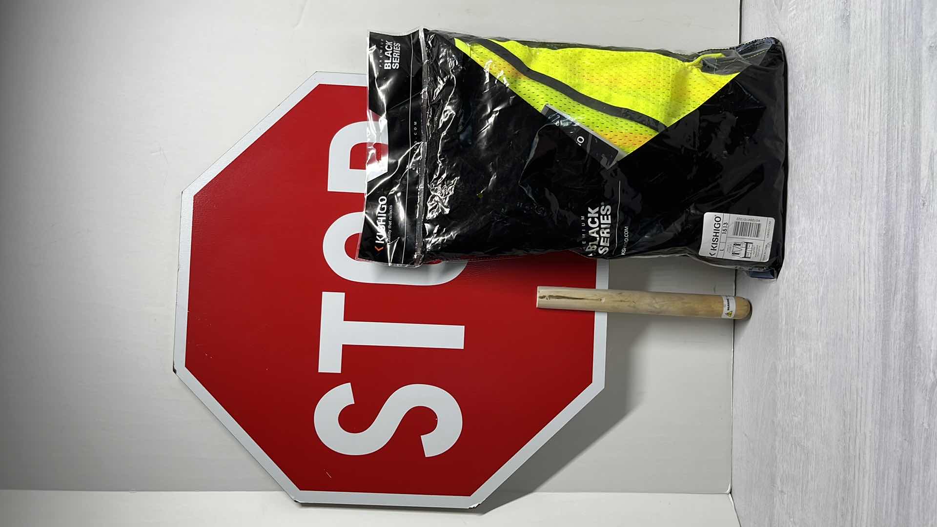 Photo 1 of NEW KISHIGO PREMIUM BLACK SERIES HEAVY DUTY ZIPPER SAFETY VEST ANSI 107 TYPE R CLASS 2 STYLE 1513 & HANDHELD CROSSING GUARD STOP/SLOW SIGN