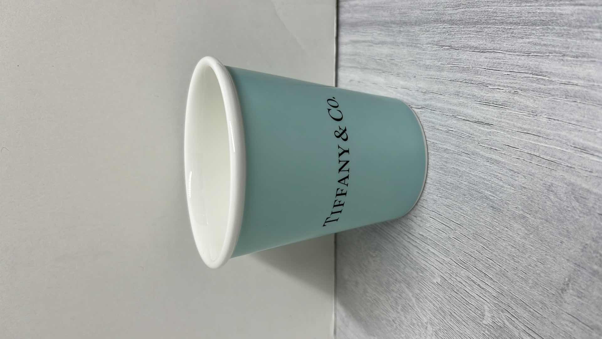 Photo 1 of TIFFANY & CO EVERY DAY OBJECTS BLUE PAPER ESPRESSO CUP, FINE BONE CHINA 3.5” X 3.75” (1)