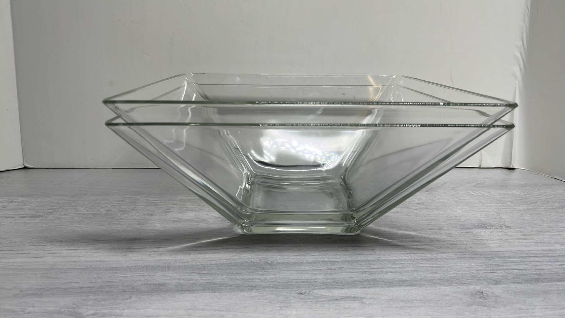 Photo 2 of SQUARE CLEAR GLASS SERVING BOWLS 9.75” X 9.75 H4.25” (2)