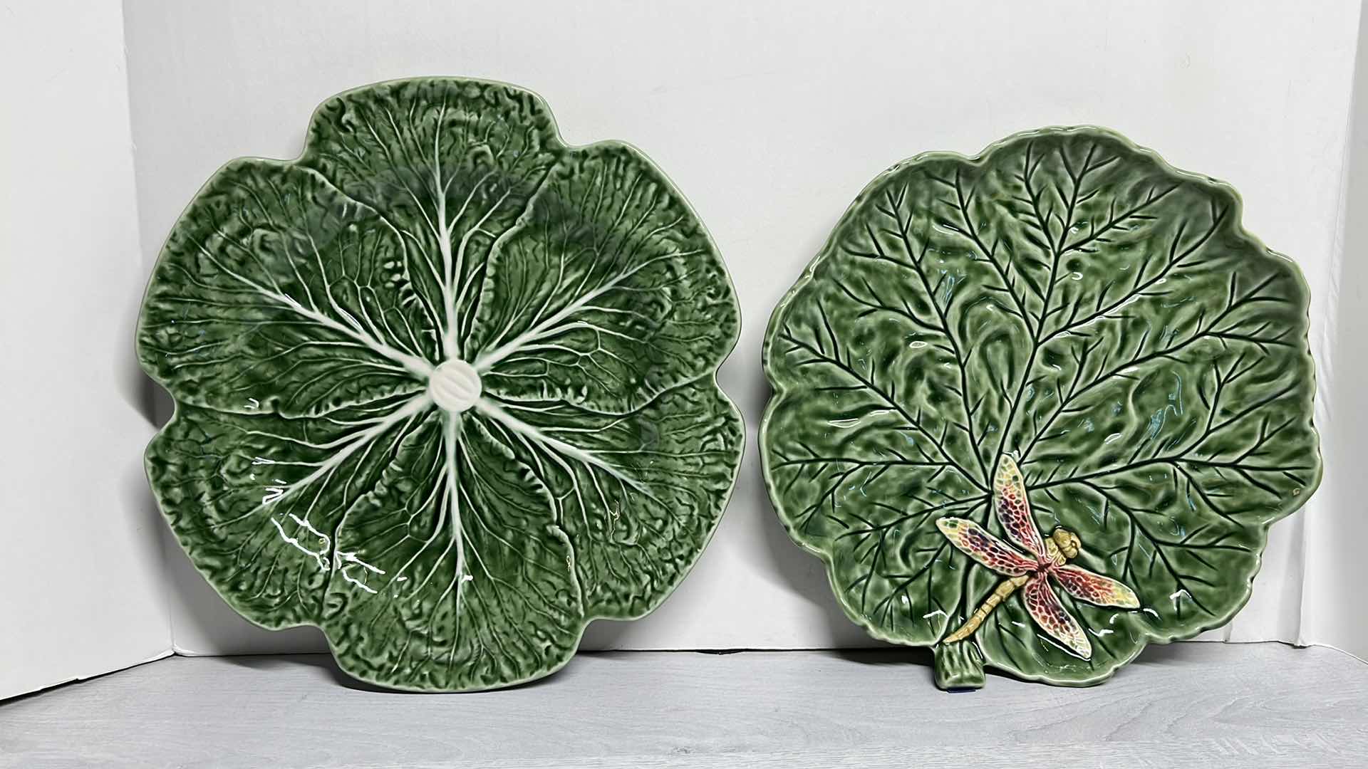 Photo 1 of BORDALLO PINHEIRO 12” CABBAGE CHARGER PLATE & CABBAGE/DRAGONFLY 11” PLATTER PLATE (2)