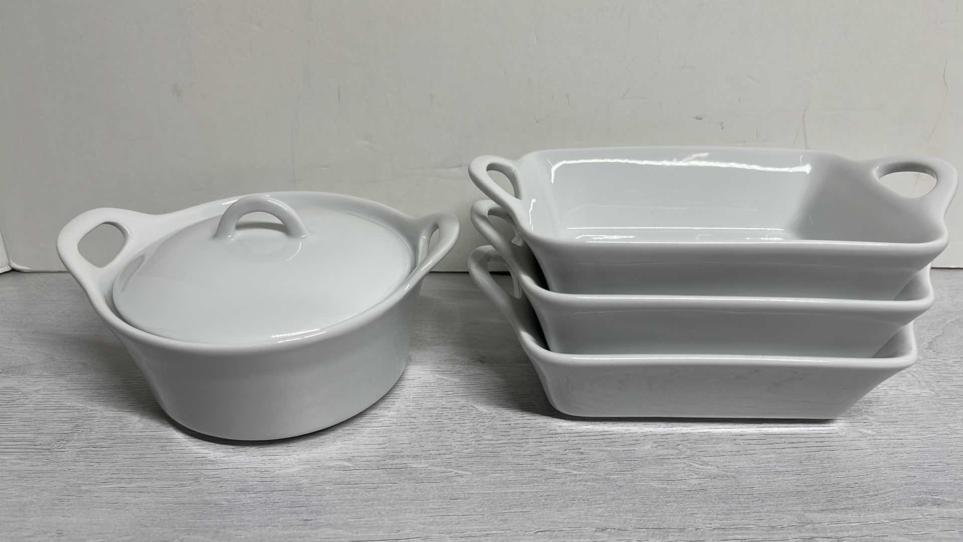 Photo 1 of SUR LA TABLE .5 QT RECTANGULAR BAKERS 4.5” X 6.25” H2” (3) & 8 oz COCETTE ROUND BAKING DISH W LID 5.5” X 3” (1)