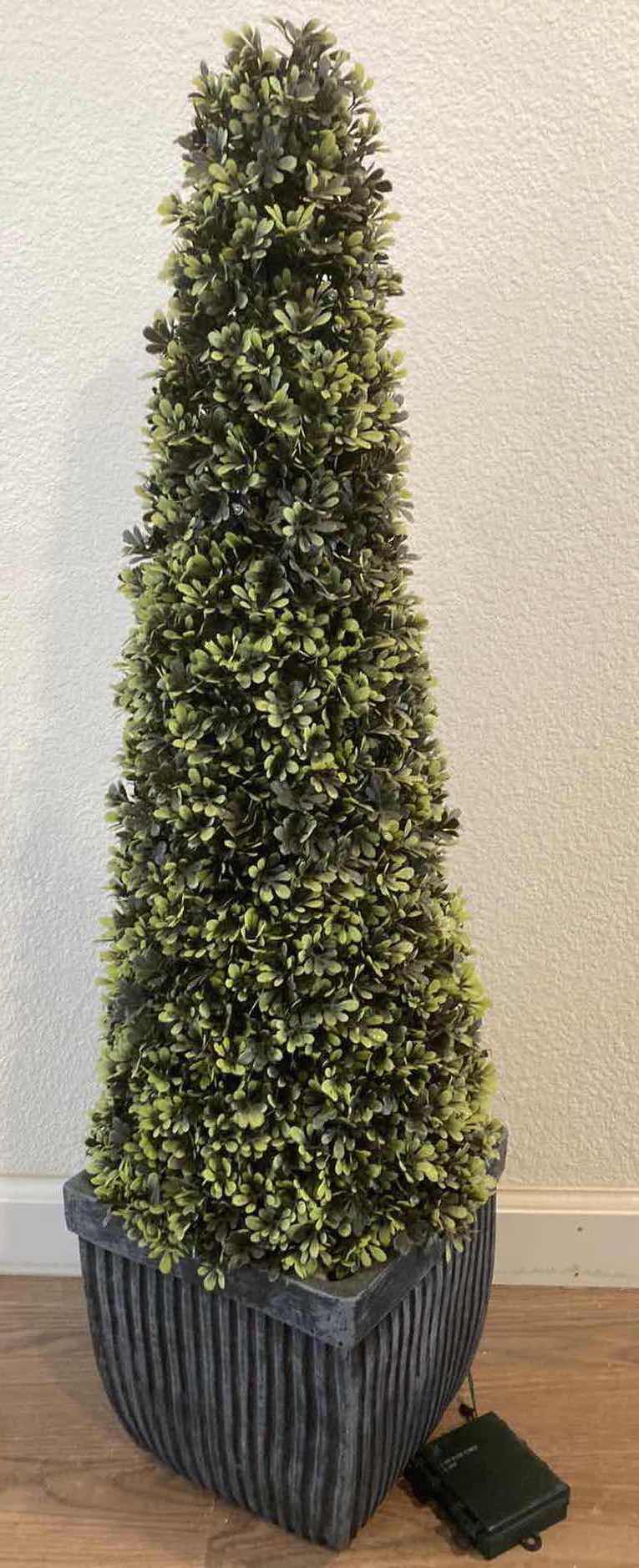 Photo 1 of ARTIFICIAL BOXWOOD TOPIARY PATIO PLANTER W AA BATTERY OPERATED LED LIGHTS 9” X 35”