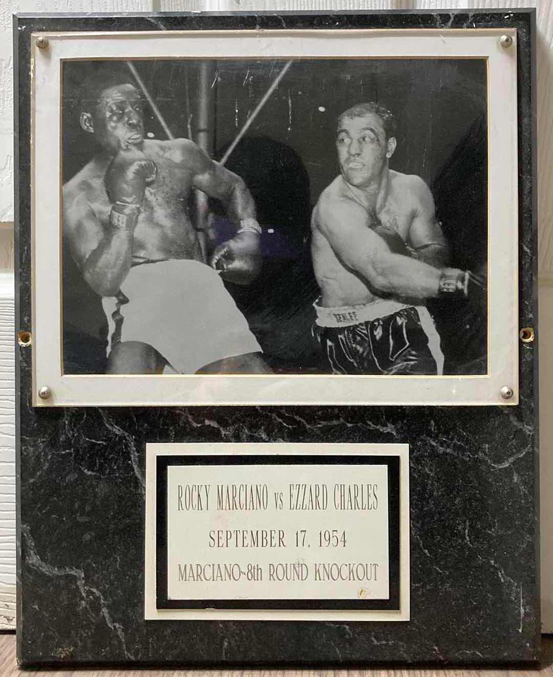 Photo 1 of ROCKY MARCIANO VS EZZARD CHARLES 9/17/1954 8TH ROUND KNOCKOUT PHOTOGRAPH MEMORABILIA PLAQUE 12” X 15”