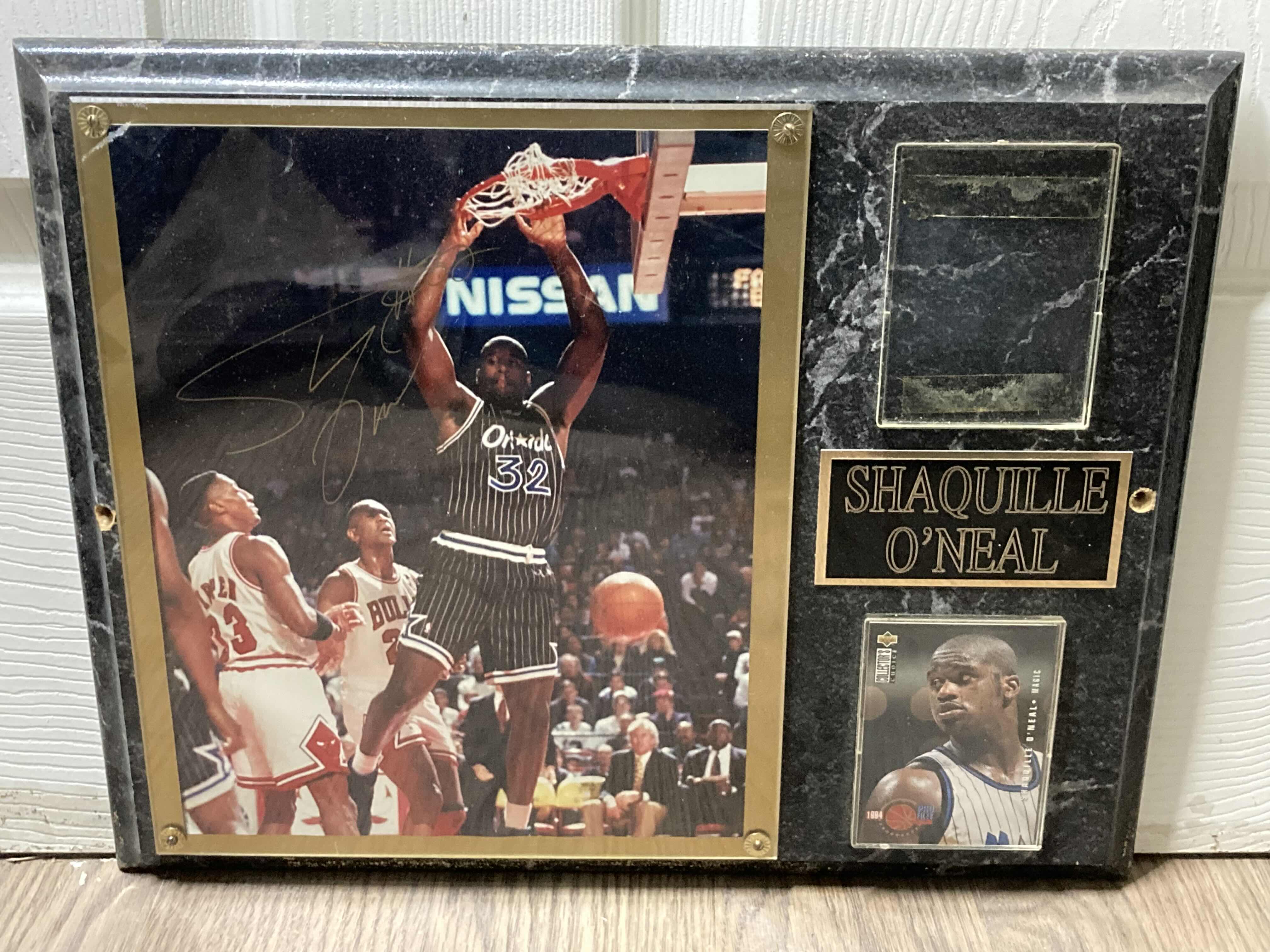 Photo 1 of SHAQUILLE O’NEAL MAGIC #32 MEMORABILIA PLAQUE AUTOGRAPHED BY SHAQUILLE O’NEAL W PLAYERS CARD & COA 15” X 12”