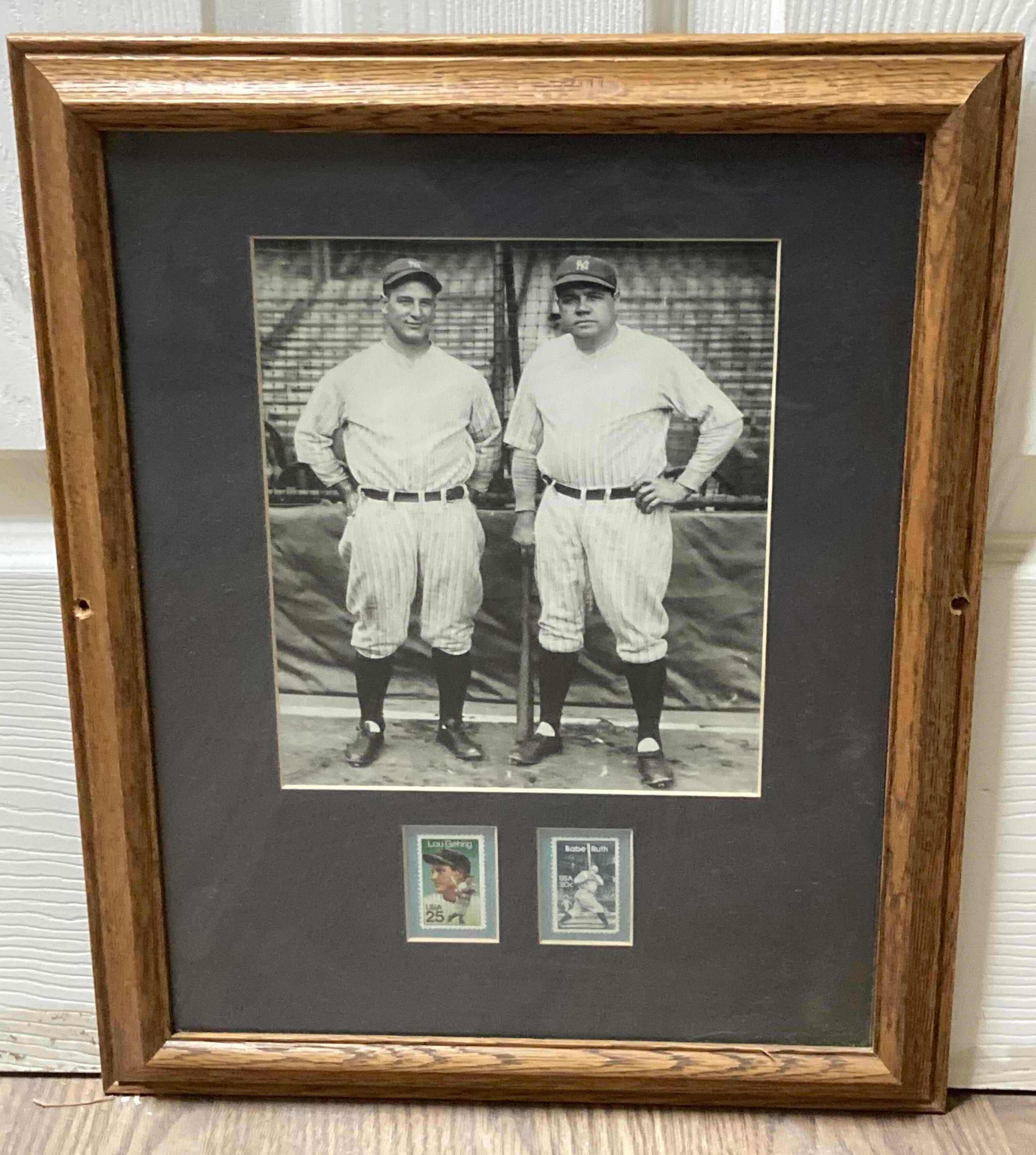 Photo 1 of LOU GEHRIG & BABE RUTH YANKEES MLB BASEBALL FRAMED PHOTOGRAPH W PLAYER STAMPS 19.5” X 13.5”