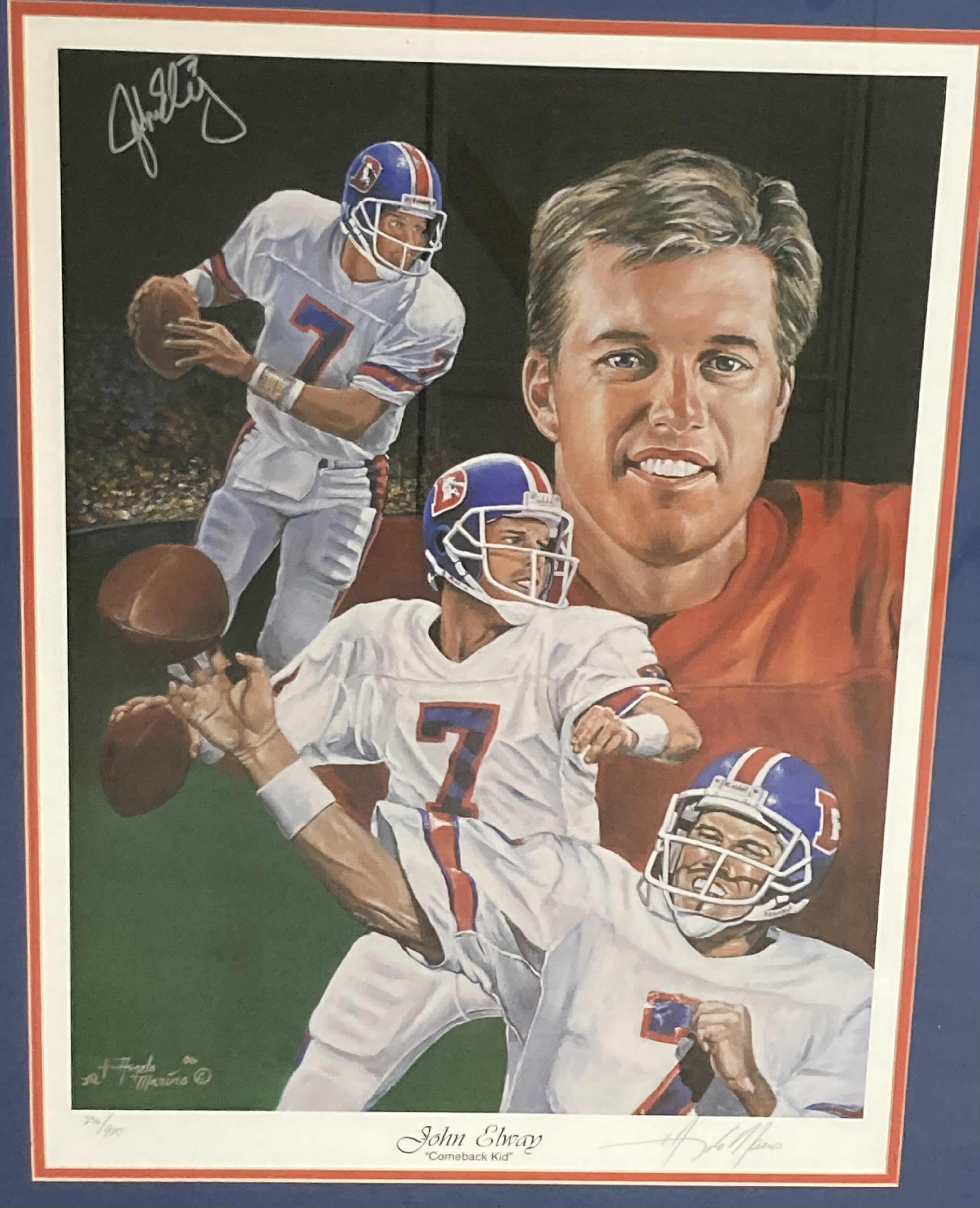 Photo 2 of JOHN ELWAY BRONCOS #7 COMEBACK KID FRAMED POSTER AUTOGRAPHED BY JOHN ELWAY & ANGELA MARINO 96 236/900 NO COA 25” X 31”