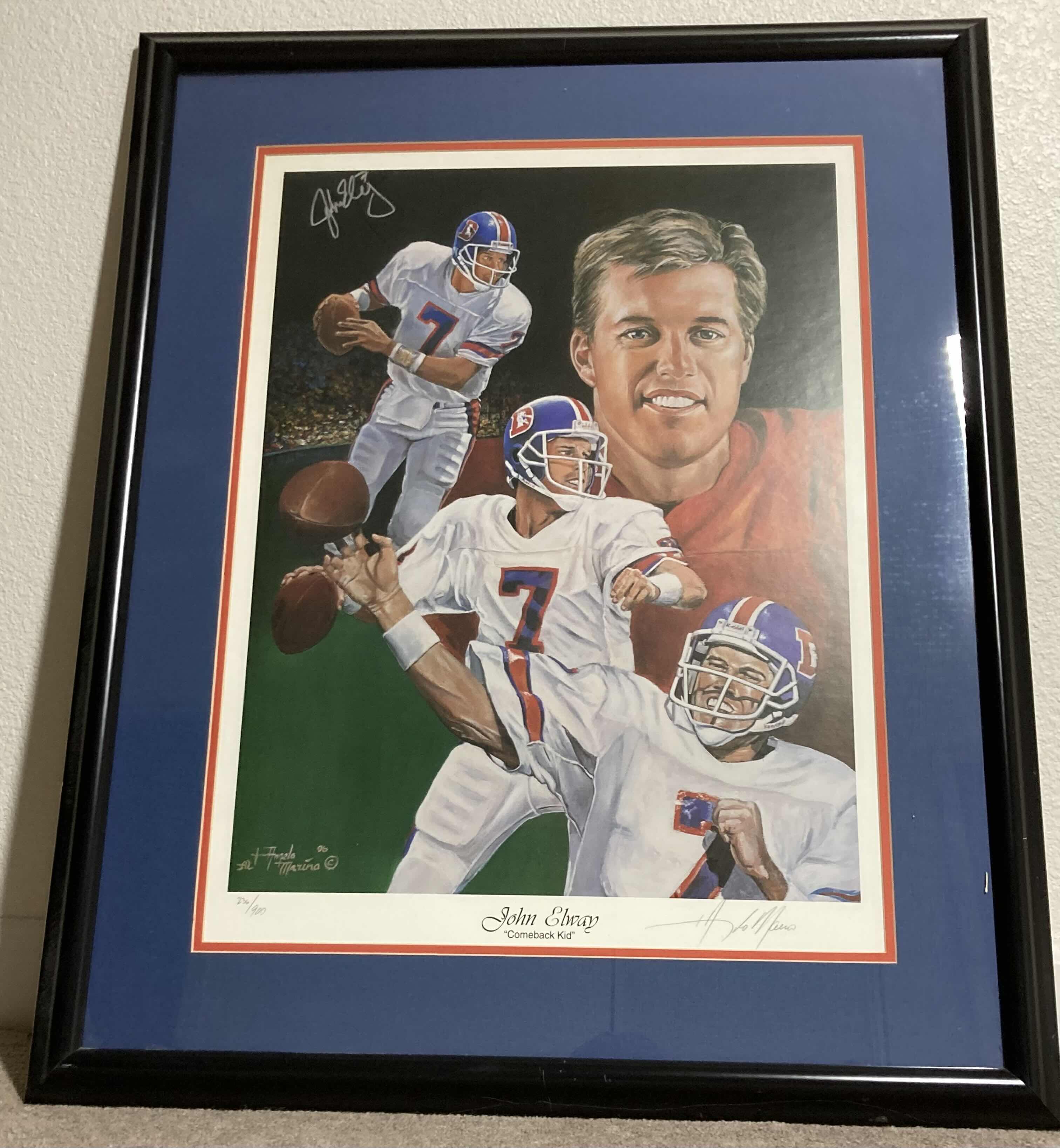 Photo 1 of JOHN ELWAY BRONCOS #7 COMEBACK KID FRAMED POSTER AUTOGRAPHED BY JOHN ELWAY & ANGELA MARINO 96 236/900 NO COA 25” X 31”