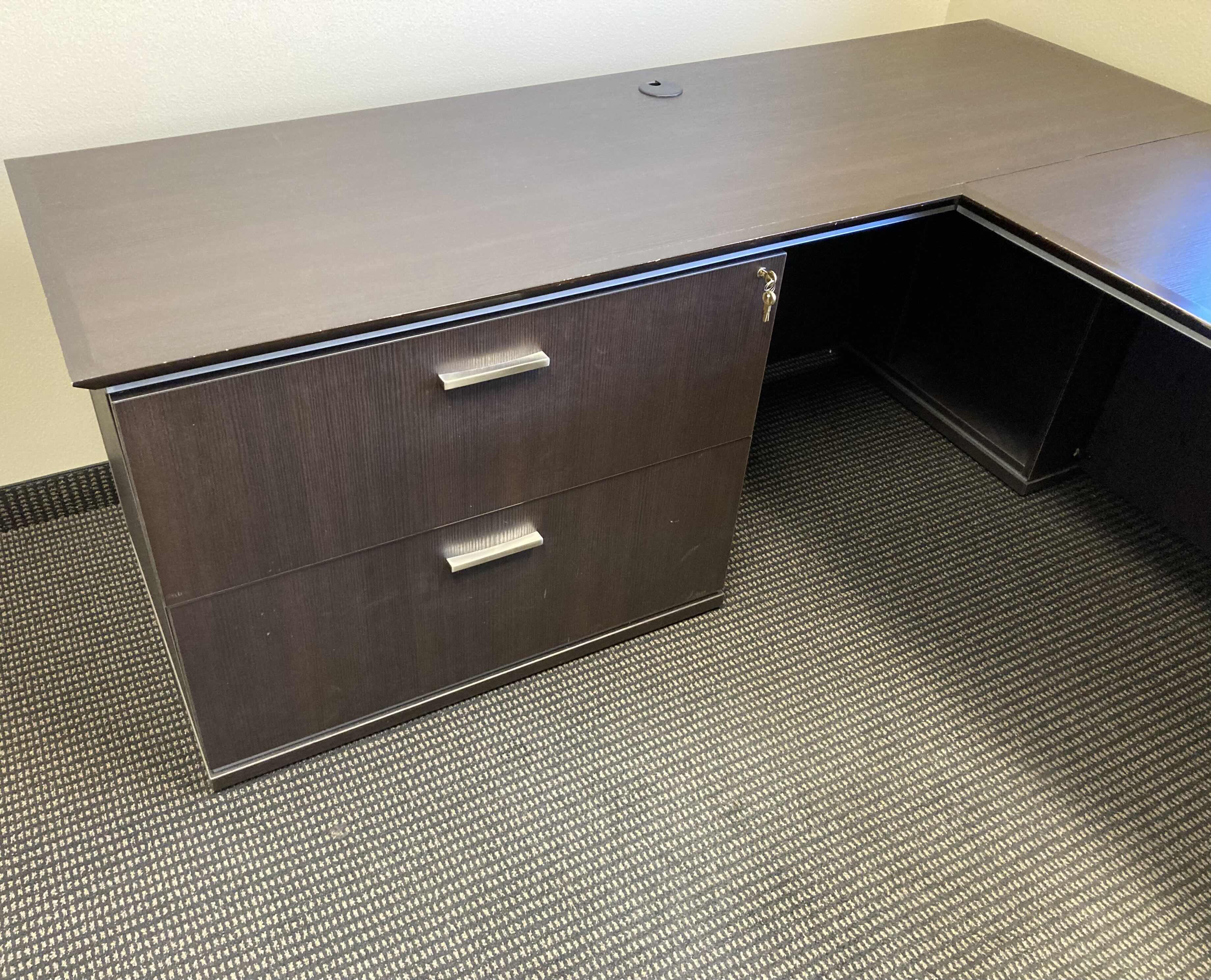 Photo 4 of DESKMAKERS ESPRESSO FINISH U SHAPE 4 DRAWER & 2 LATERAL DRAWERS OFFICE DESK W KEYS 105” X 73” H29” (READ NOTES)