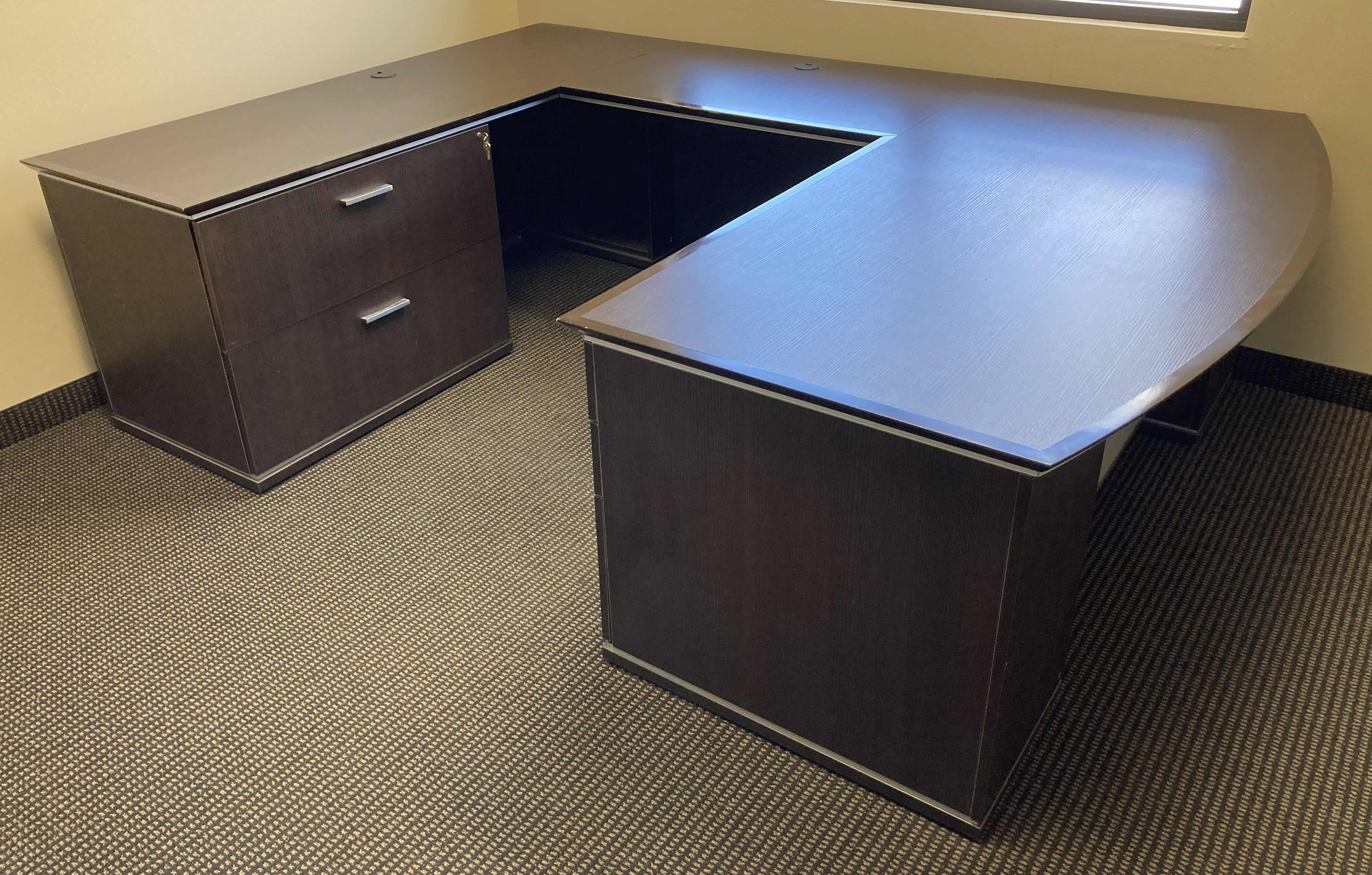 Photo 1 of DESKMAKERS ESPRESSO FINISH U SHAPE 4 DRAWER & 2 LATERAL DRAWERS OFFICE DESK W KEYS 105” X 73” H29” (READ NOTES)