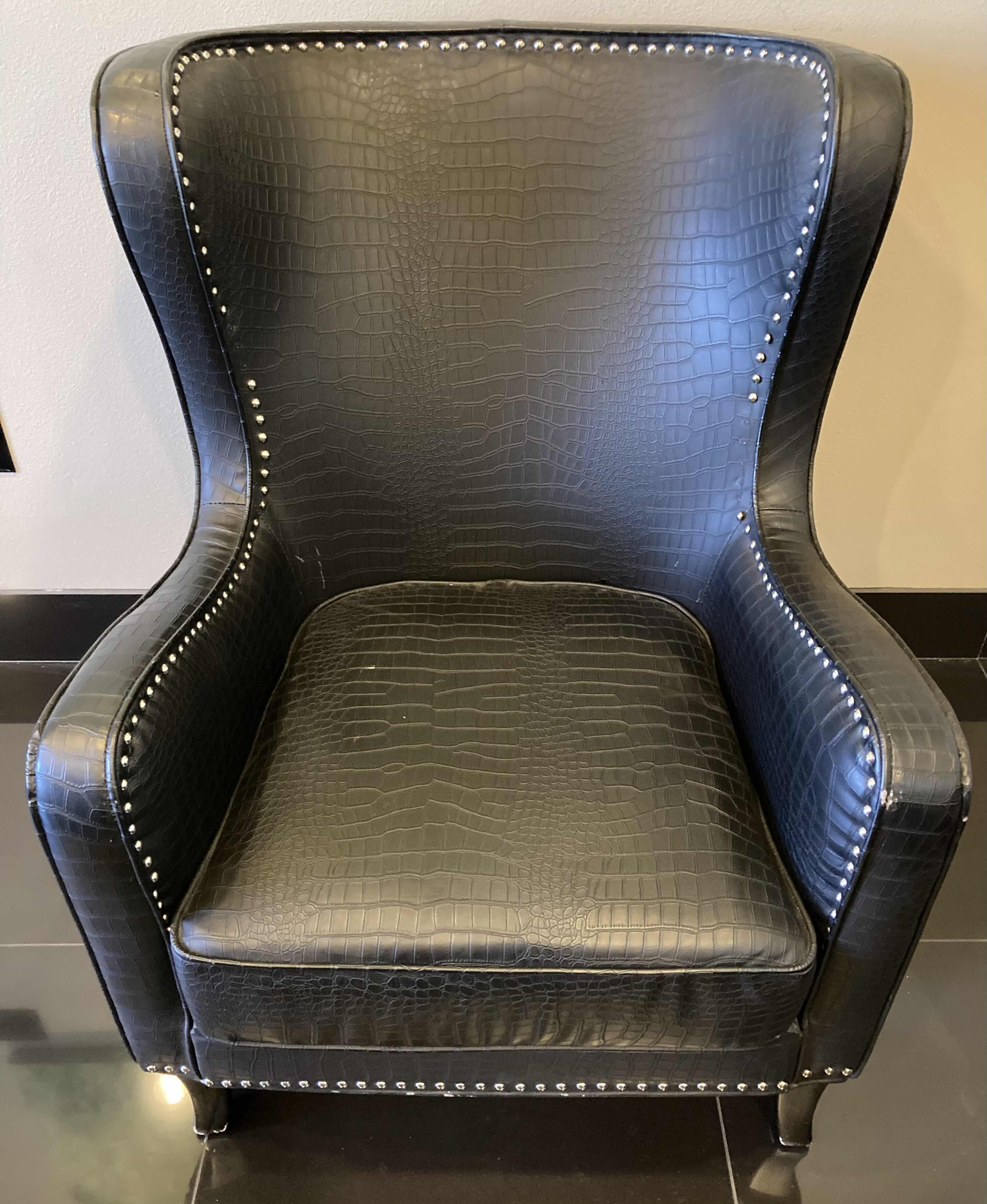 Photo 2 of ANJIAILIDA FURNITURE FACTORY BLACK LEATHER ALLIGATOR FINISH WINGBACK CHAIR 32” X 30” H40”